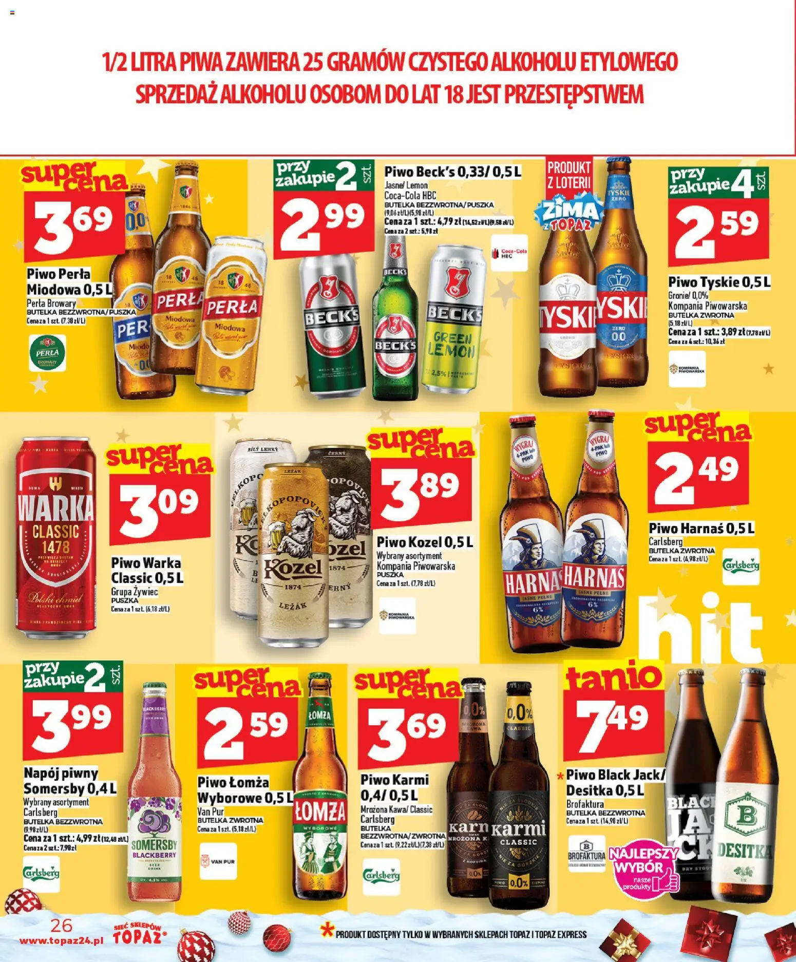 Topaz Gazetka MAZ od 11.12.2025 | Strona: 26 | Produkty: Piwo perła, Warka, Piwo Warka, Tyskie