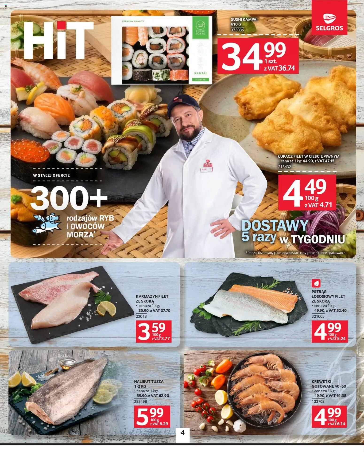 Selgros cash&carry gazetka od 23.04.2026 | Strona: 4 | Produkty: Krewetki, Pstrąg, Halibut, Sushi