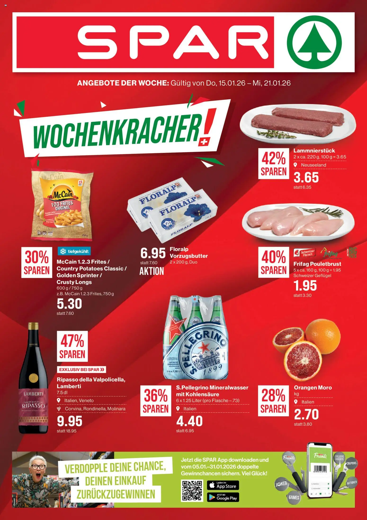 SPAR Aktionen – gültig ab 15.01.2026 | Seite: 1 | Produkte: Pouletbrust, Mineralwasser, Orangen