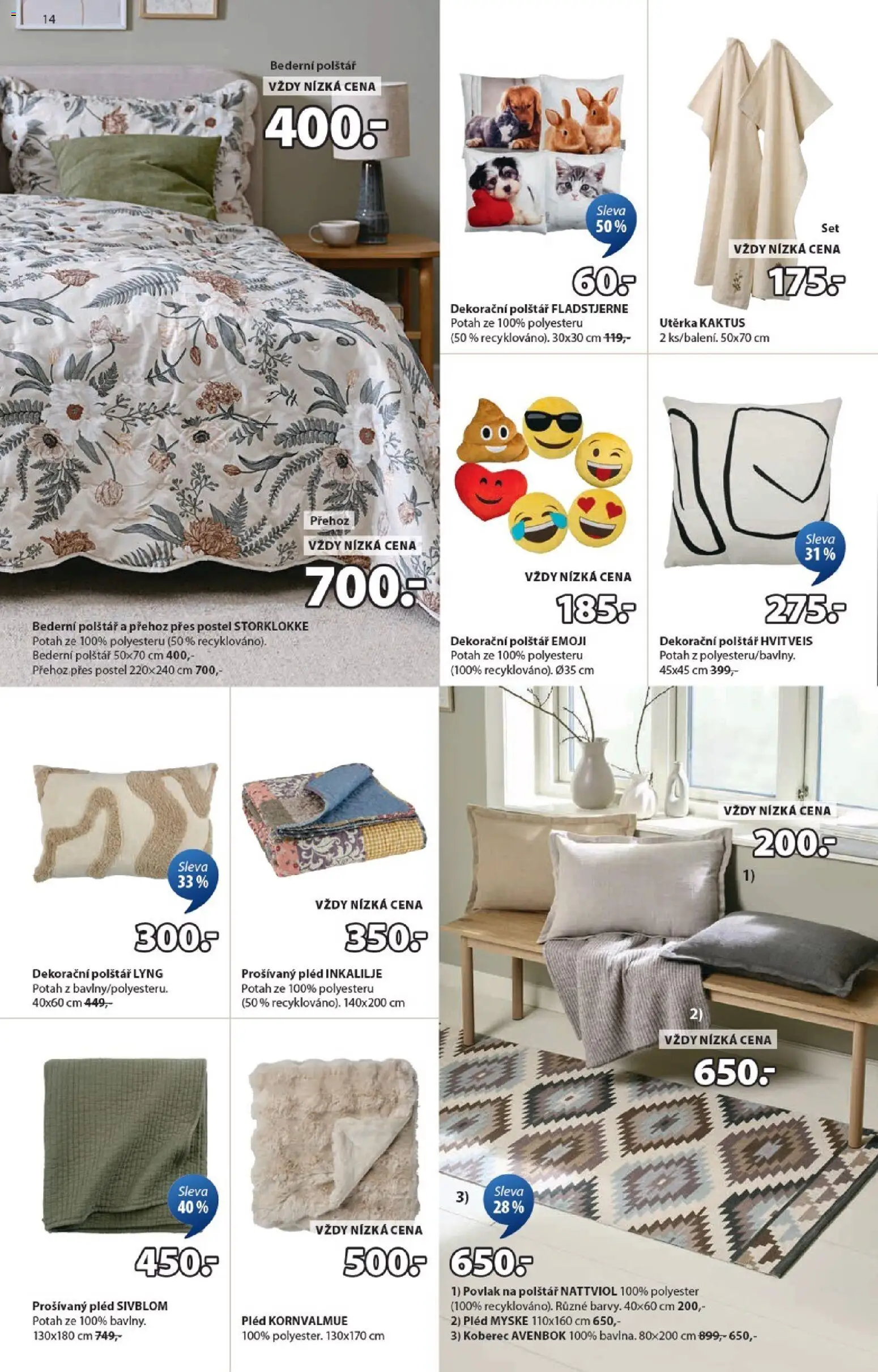 JYSK leták od 25.12.2025 | Strana: 14 | Produkty: Povlak na polštář, Polštář, Koberec, Utěrka