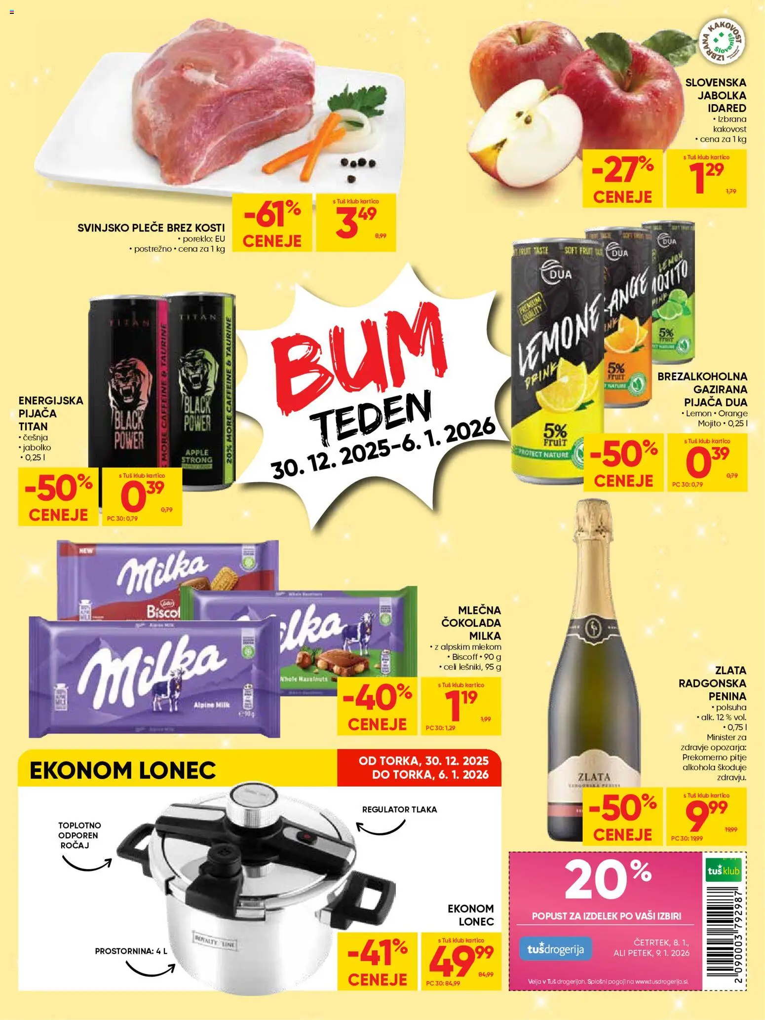 Novi Tuš katalog ponudbe – veljaven od 30.12.2025 | Stran: 8 | Izdelki: Penina, Cokolada, Jabolka