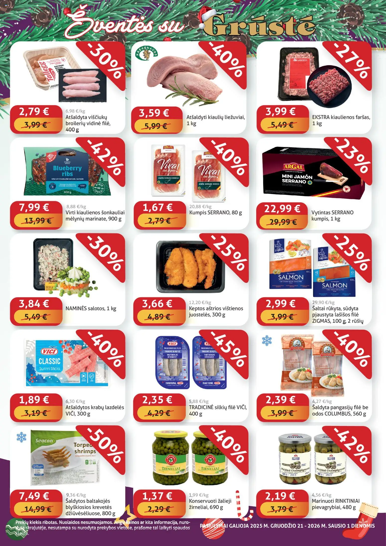 GRUSTE akcijos nuo 21.12.2025 | Puslapis: 2 | Prekių: Kiaulienos, Lašišos, Kumpis, Žirneliai