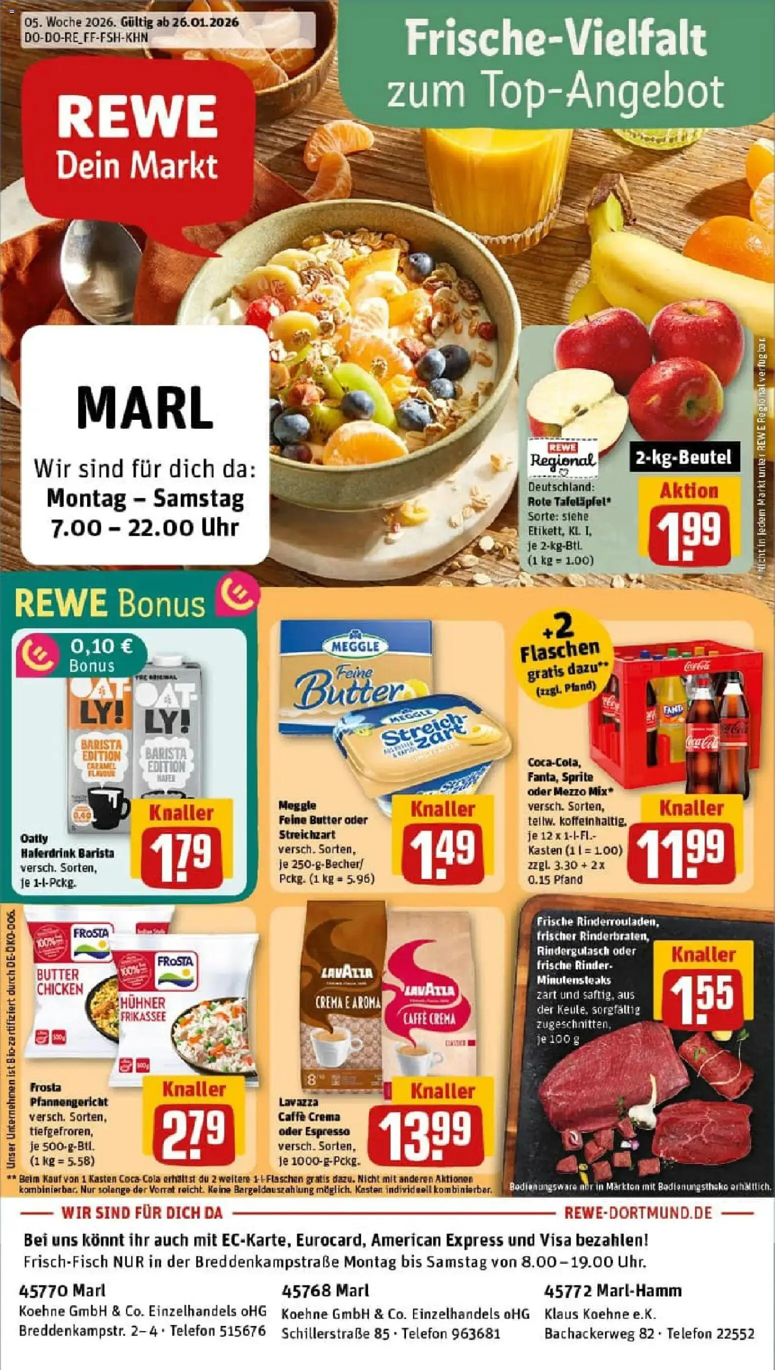 Rewe prospekt Marl	 – gültig ab 26.01.2026 | Seite: 1 | Produkte: Lavazza, Frosta, Oatly, Telefon