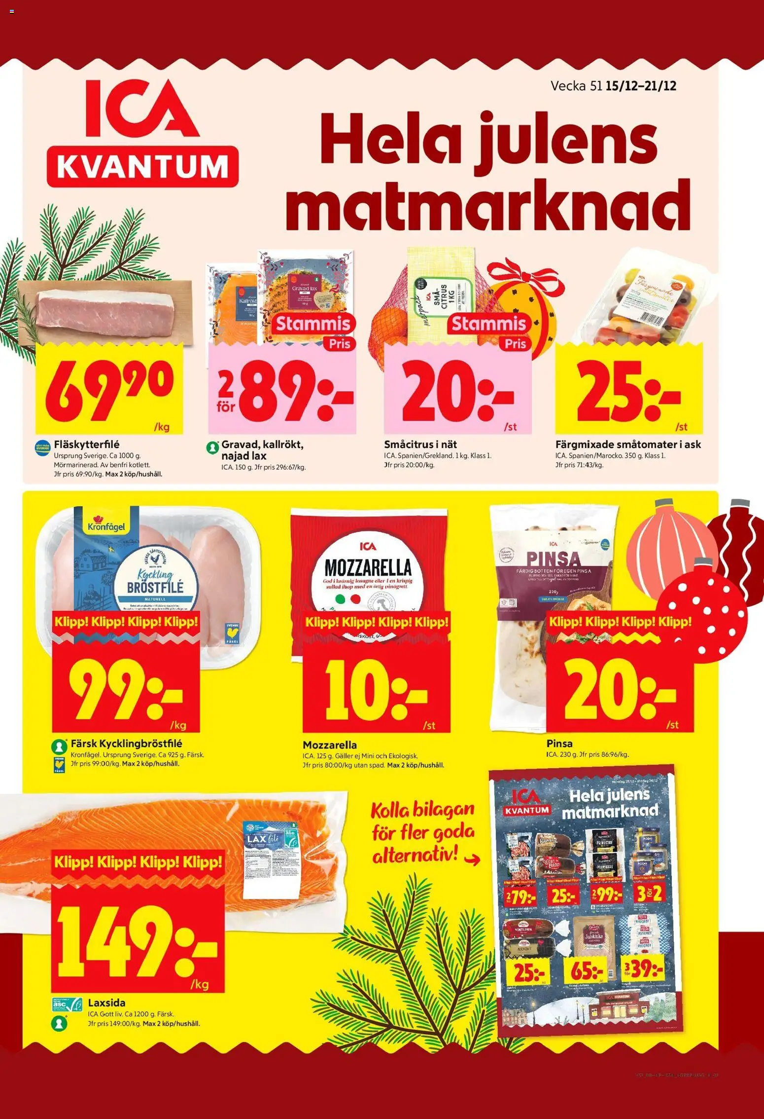 ICA Kvantum reklamblad aktuell från 15.12.2025 | Sida: 1 | Produkter: Galler, Fläskytterfilé, Lax
