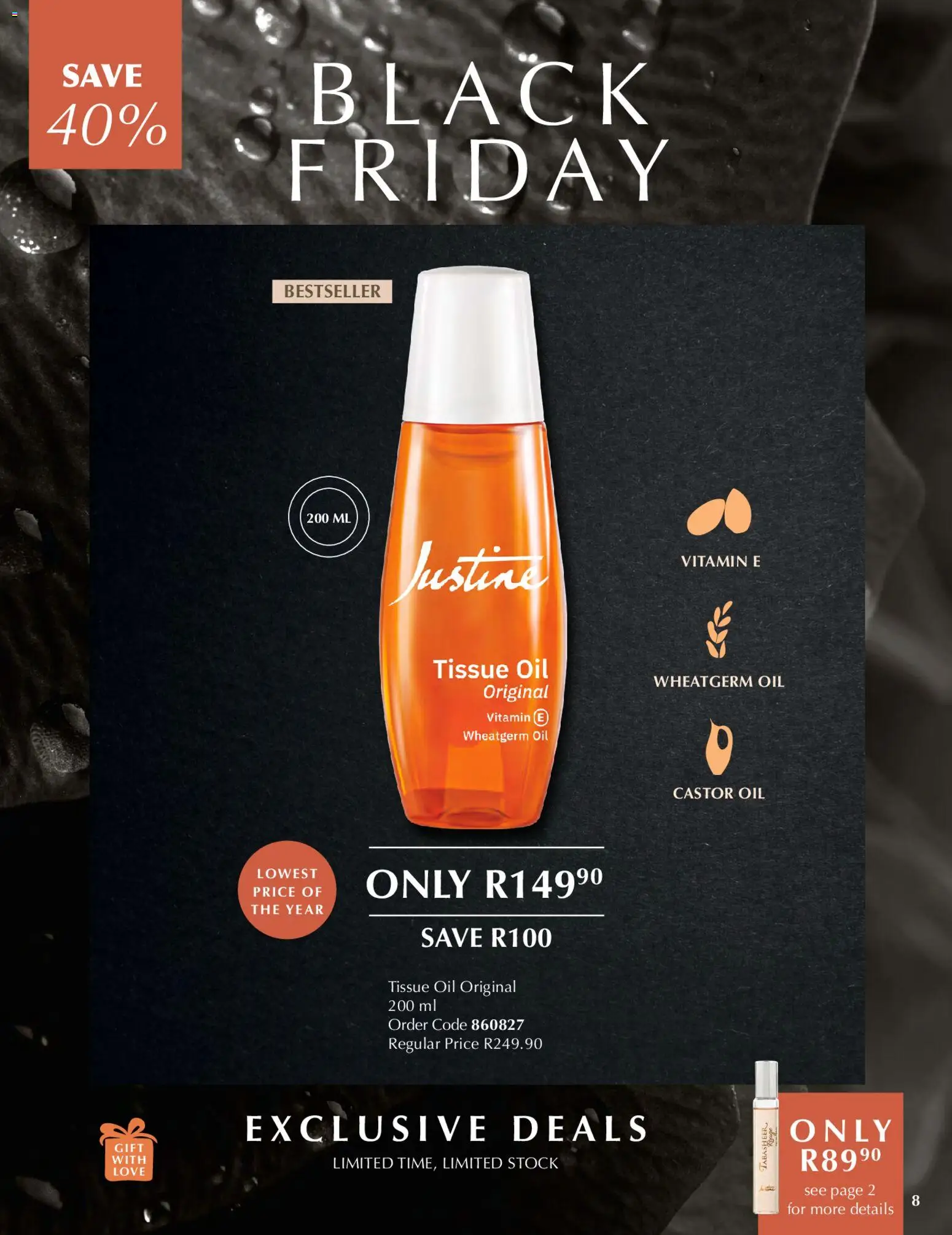 New Justine catalogue – valid from 28.11.2025 | Page: 8 | Products: Tissue oil, Oil, Stock