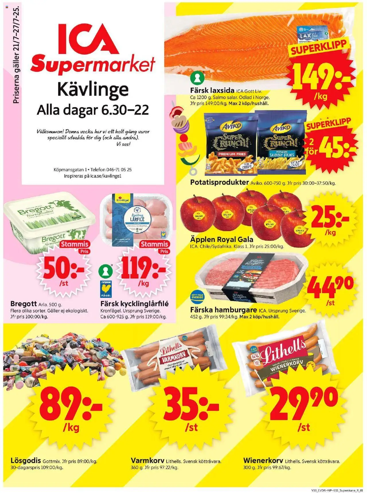 ICA Supermarket reklamblad aktuell från 21.07.2025 | Sida: 1 | Produkter: Varmkorv, Lax, Äpplen, Telefon