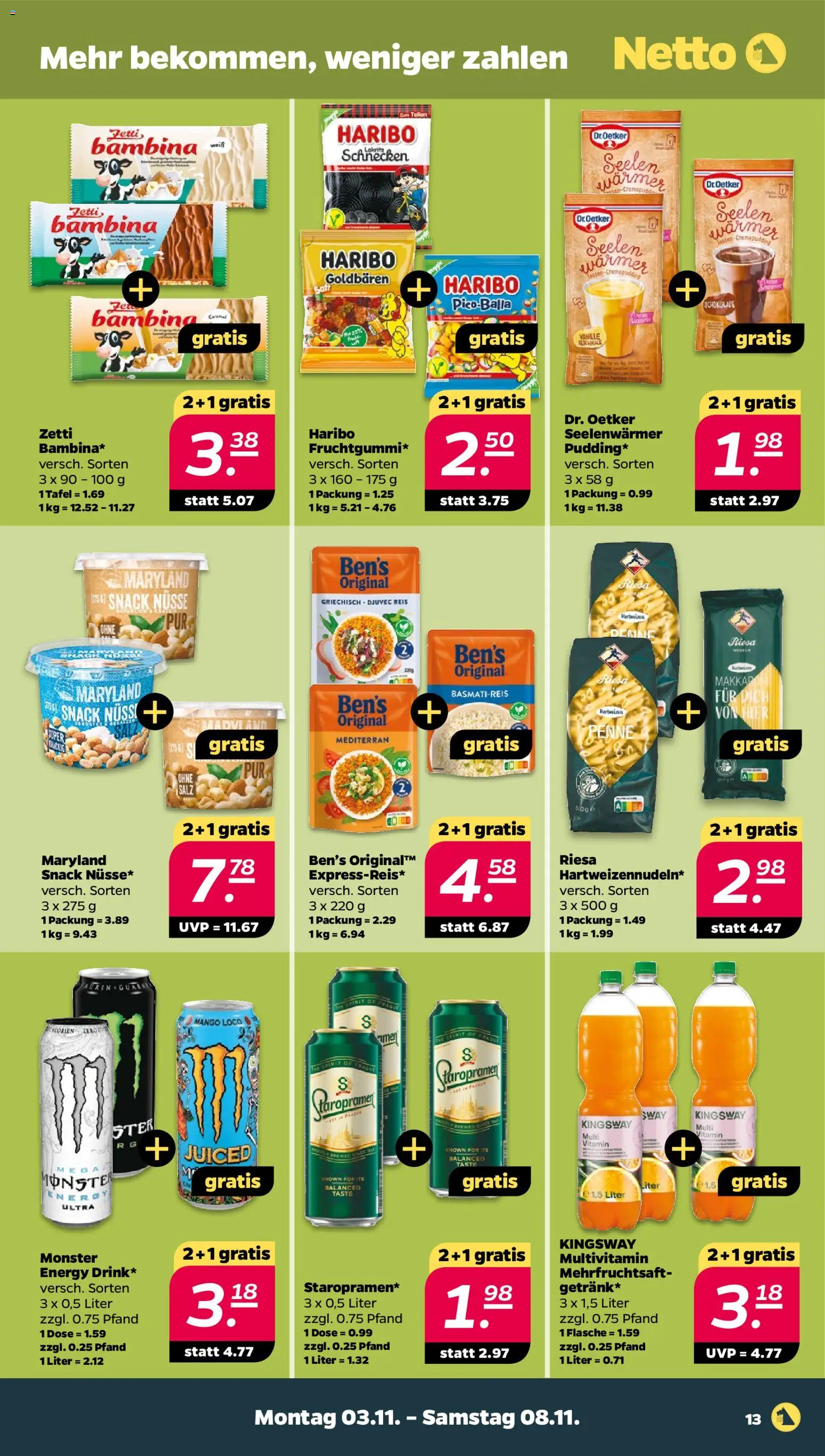 Netto Prospekt 	 – gültig ab 02.11.2025 | Seite: 13 | Produkte: Schokolade, Monster, Salz, Reis