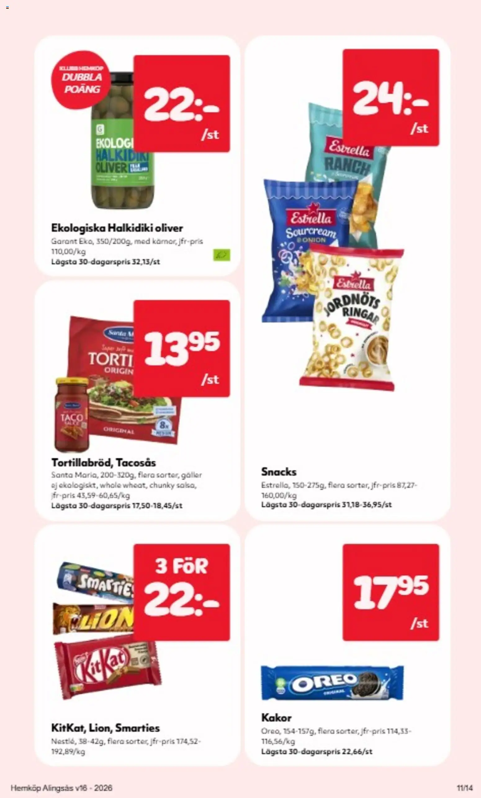 Hemköp reklamblad aktuell från 13.04.2026 | Sida: 4 | Produkter: Oliver, Tacosås, Galler, Oreo