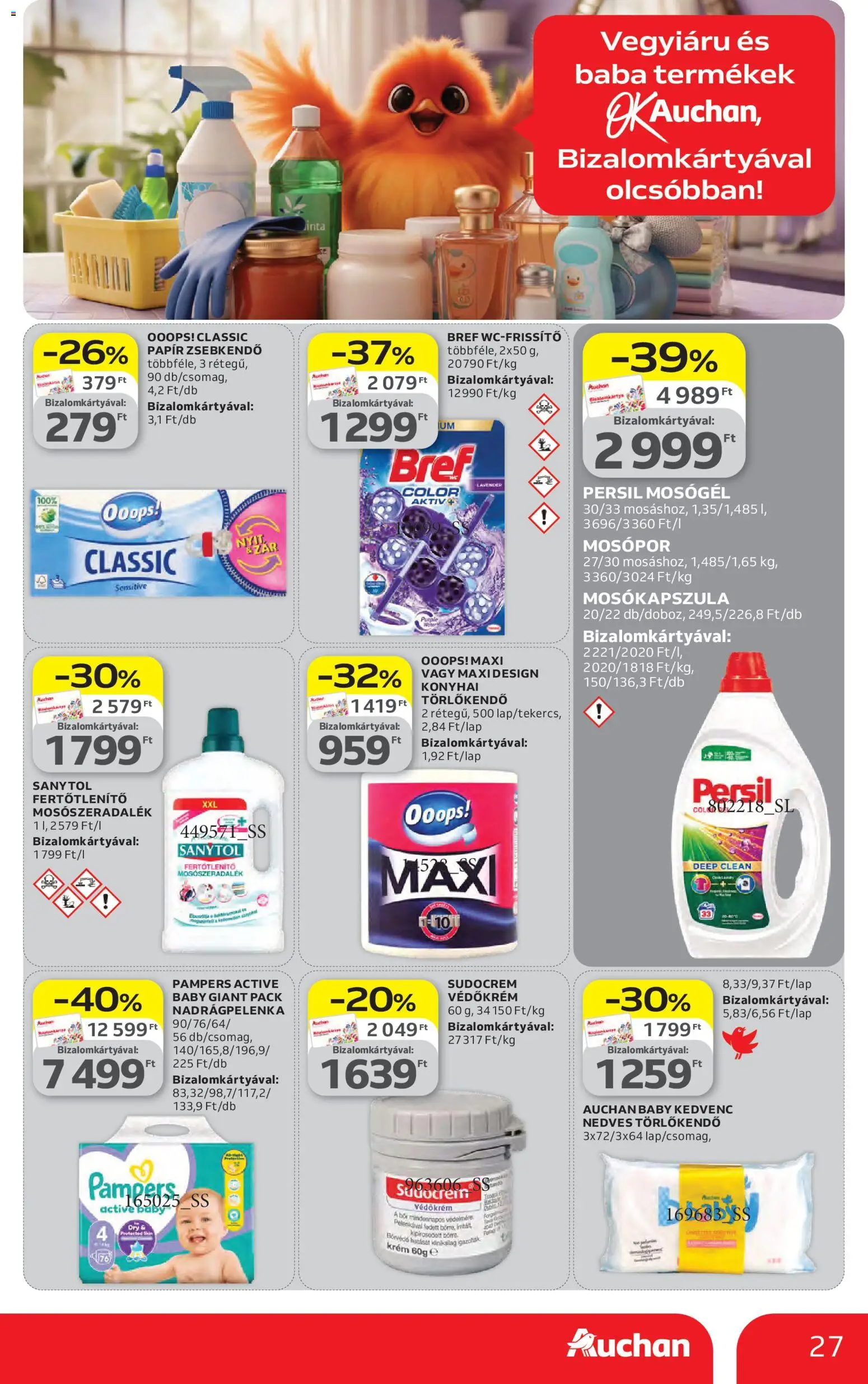 Auchan akciós ujság - amely érvényes a következő dátumtól: 23.04.2026 | Oldal: 27 | Termékek: Pampers, Persil, Nedves törlőkendő, Mosópor