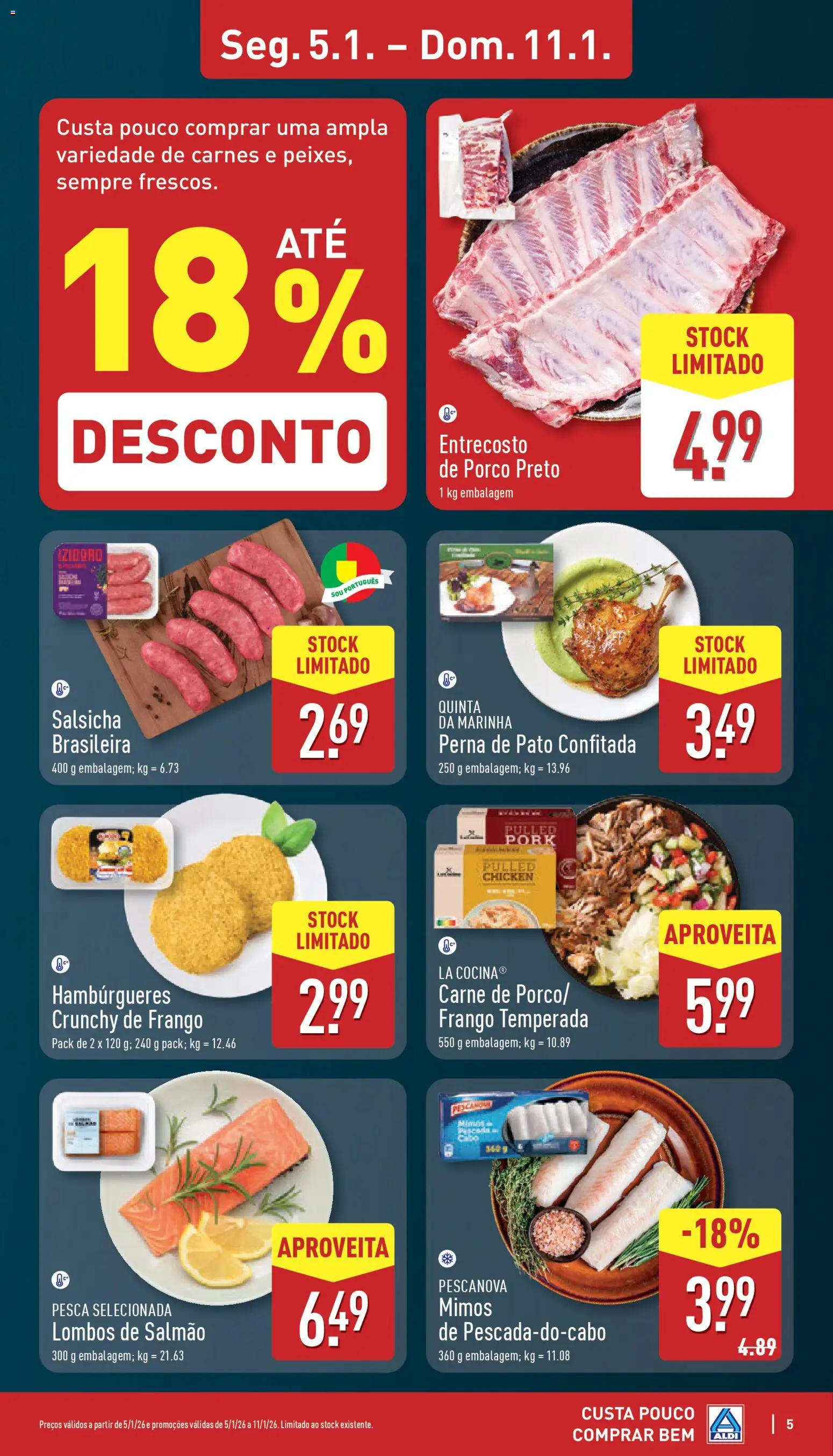 Aldi folheto │ válido de 05.01.2026 | Página: 5 | Produtos: Frango, Salmão, Salsicha, Carne