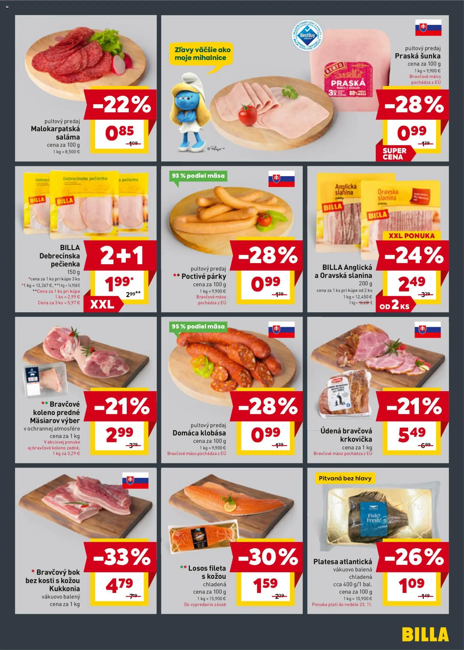 Nové Billa akcie – leták je platný od 19.11.2025 | Strana: 5 | Produkty: Saláma, Šunka, Losos, Párky