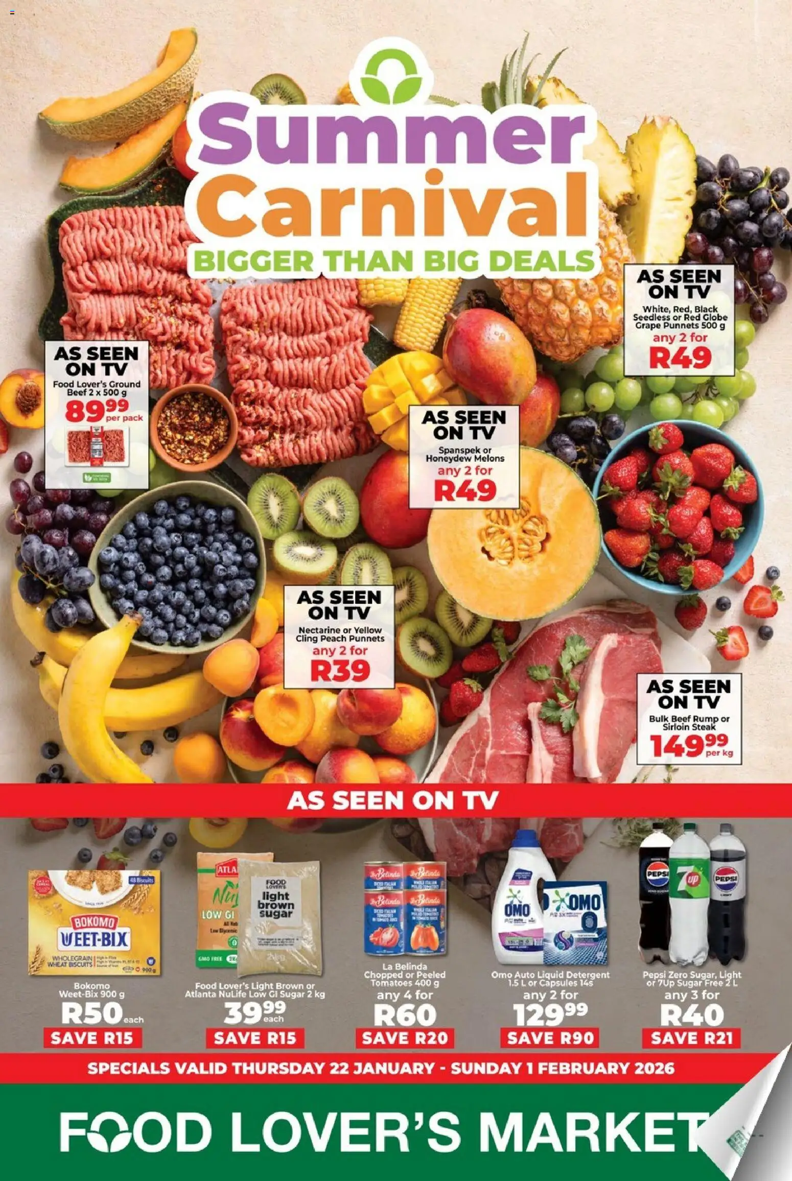 New Food Lover's Market catalogue – valid from 22.01.2026 | Page: 1 | Products: Melons, Biscuits, Tomatoes, Peach