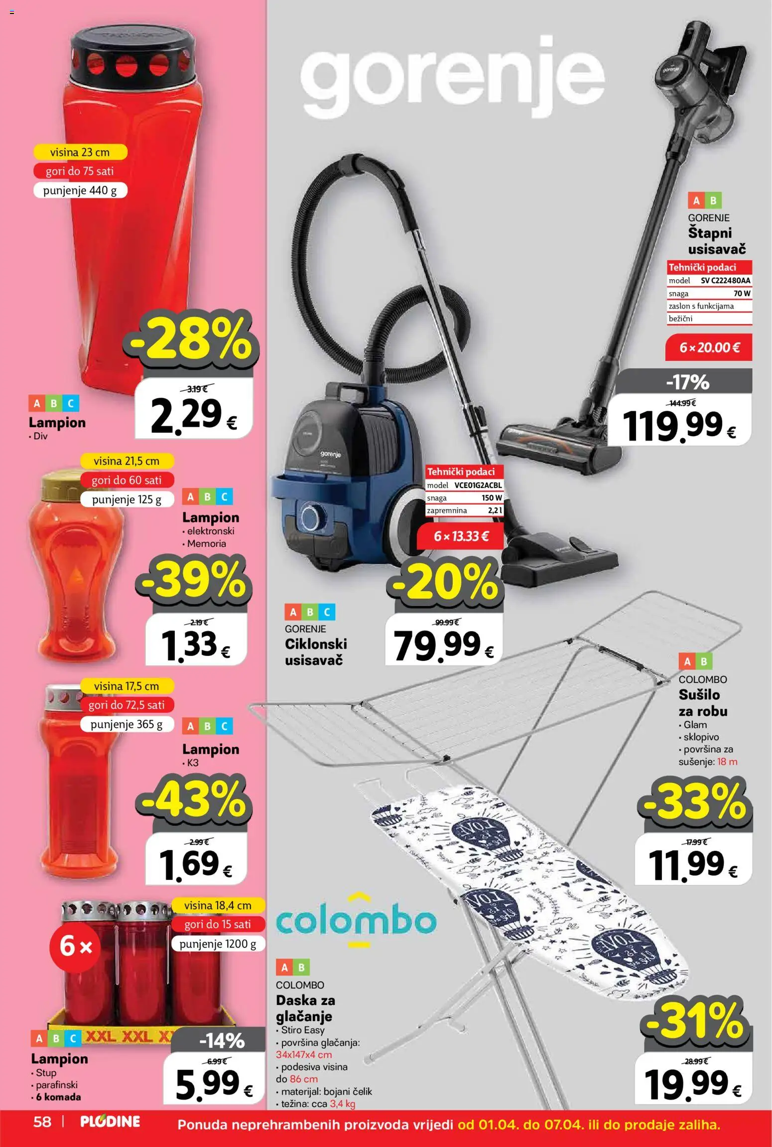 Plodine katalog | vrijedi od 01.04.2026 | Stranica: 66 | Proizvodi: Usisavač, Lampion, Daska za glačanje