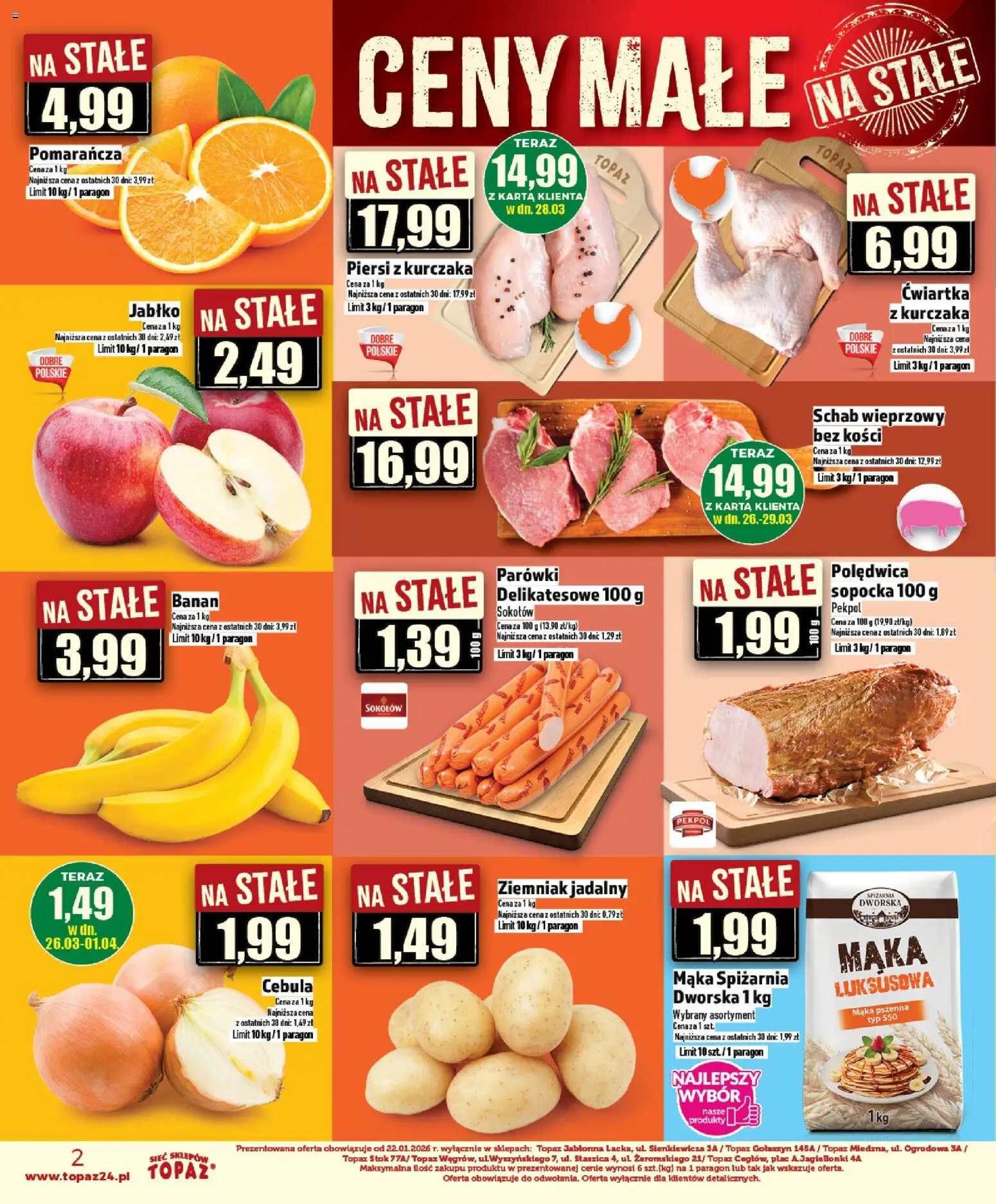 Topaz gazetka - Ceny małe na stałe od 26.03.2026 | Strona: 2 | Produkty: Schab, Piersi, Parówki, Banan