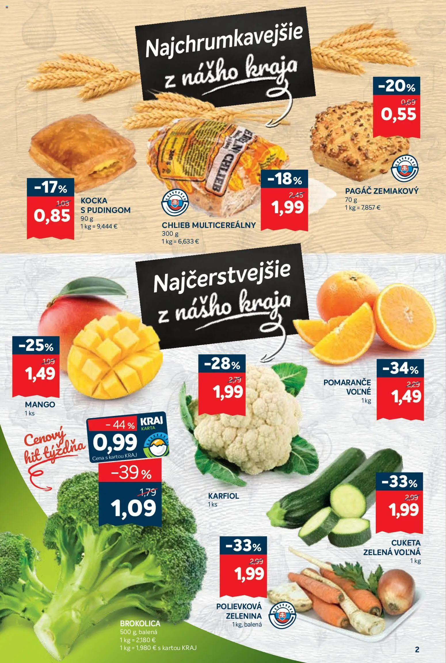 Nové Kraj akcie – leták je platný od 12.03.2026 | Strana: 2 | Produkty: Pomaranče, Karfiol, Brokolica, Mango