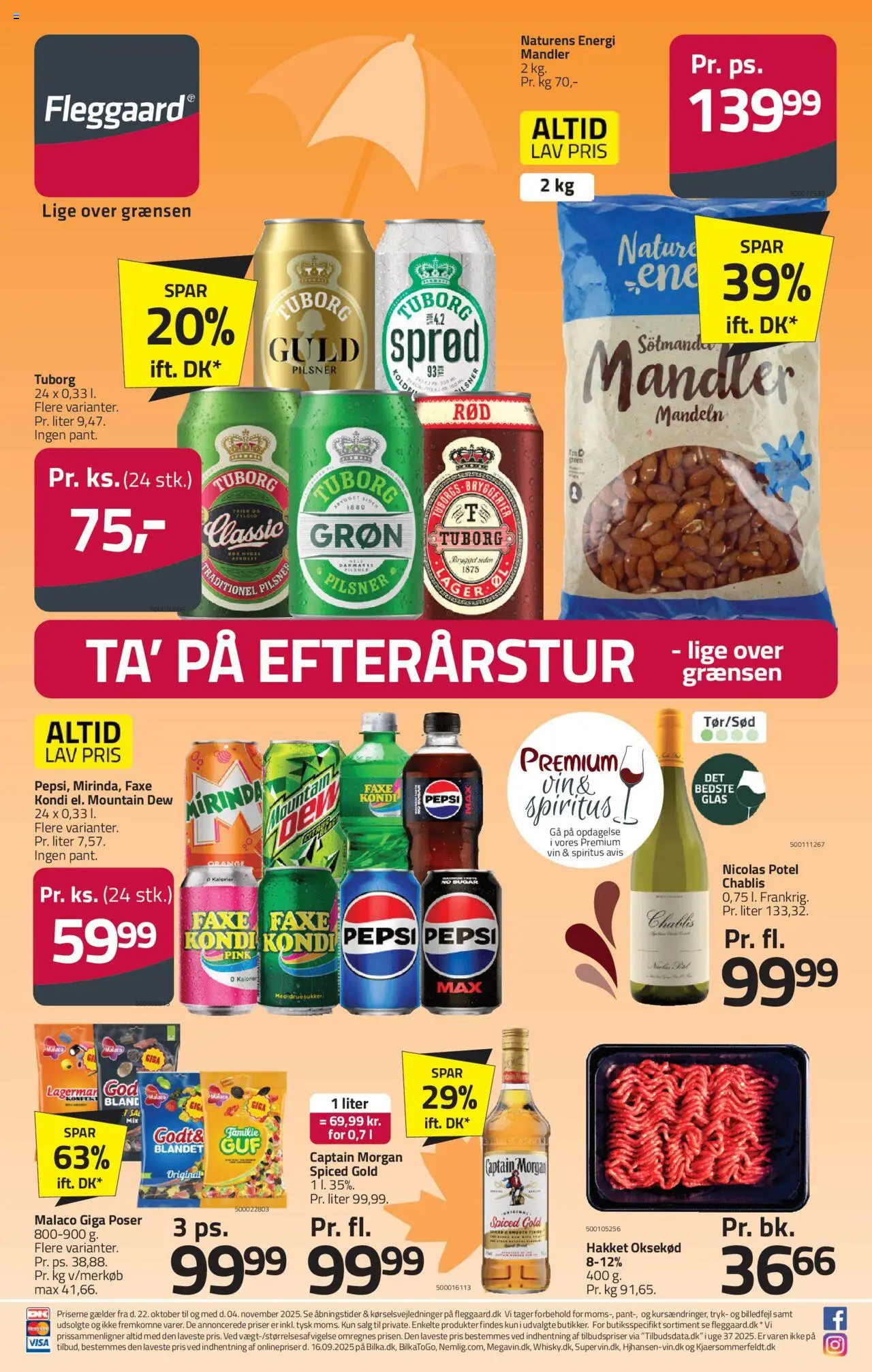 Fleggaard tilbudsavis – gyldig fra 22.10.2025 | Side: 1 | Produkter: Vin, Oksekød, Mandler, Pepsi