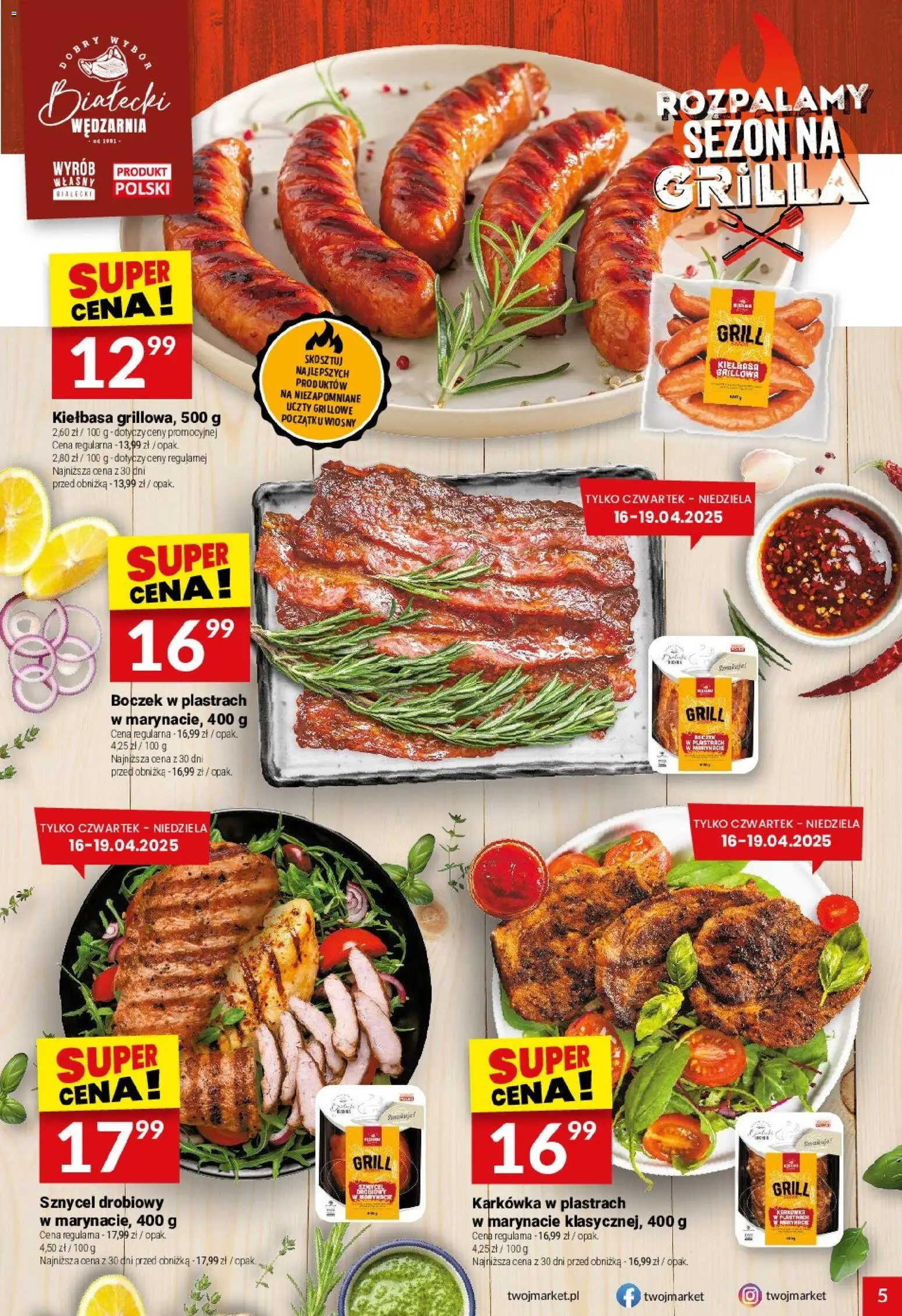 Twój Market gazetka od 15.04.2026 | Strona: 5 | Produkty: Kiełbasa, Karkówka, Grill, Boczek