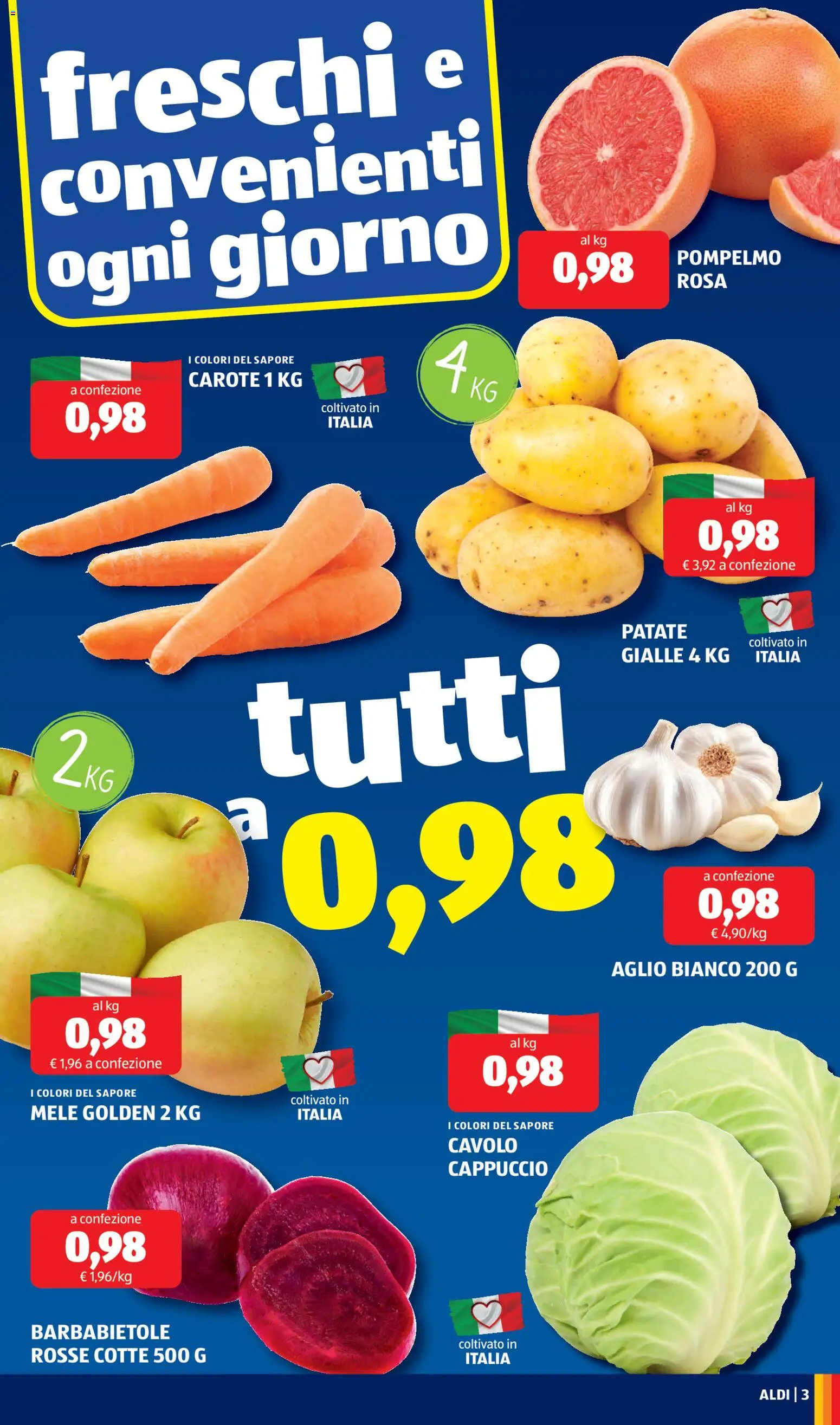 Volantino Aldi del 16.03.2026 | Pagina: 3 | Prodotti: Mele, Pompelmo, Carote, Cavolo