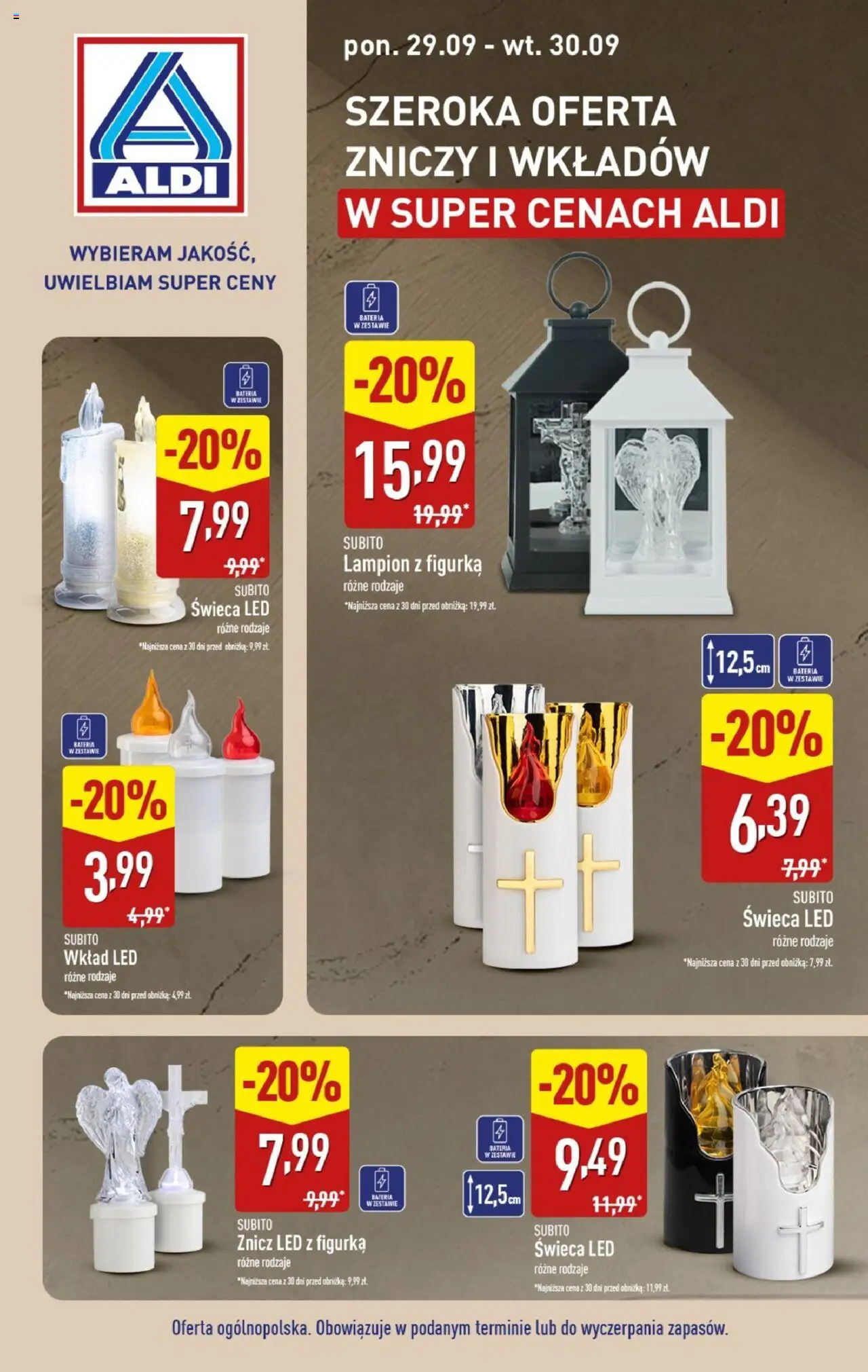 Aldi Gazetka - Znicze i wkłady w super cenach od 29.09.2025 | Strona: 1 | Produkty: Znicz LED, Bateria