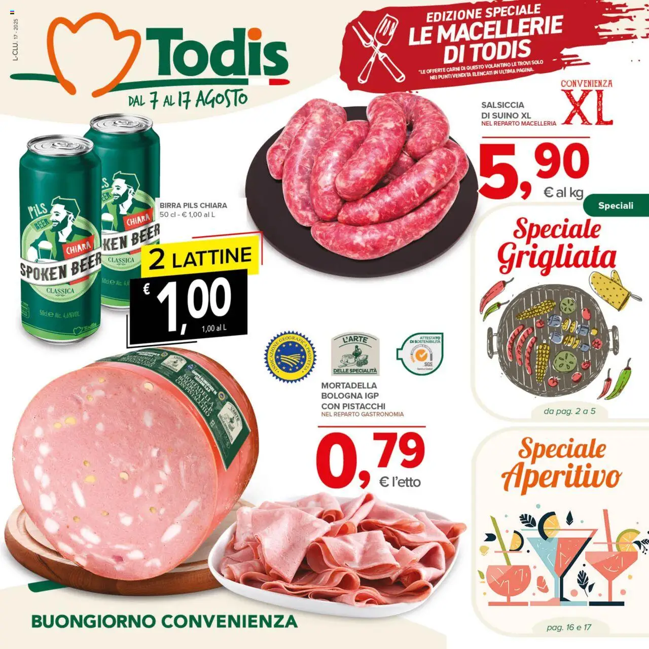Volantino Todis del 07.08.2025 | Pagina: 1 | Prodotti: Birra, Salsiccia, Pistacchi, Aperitivo