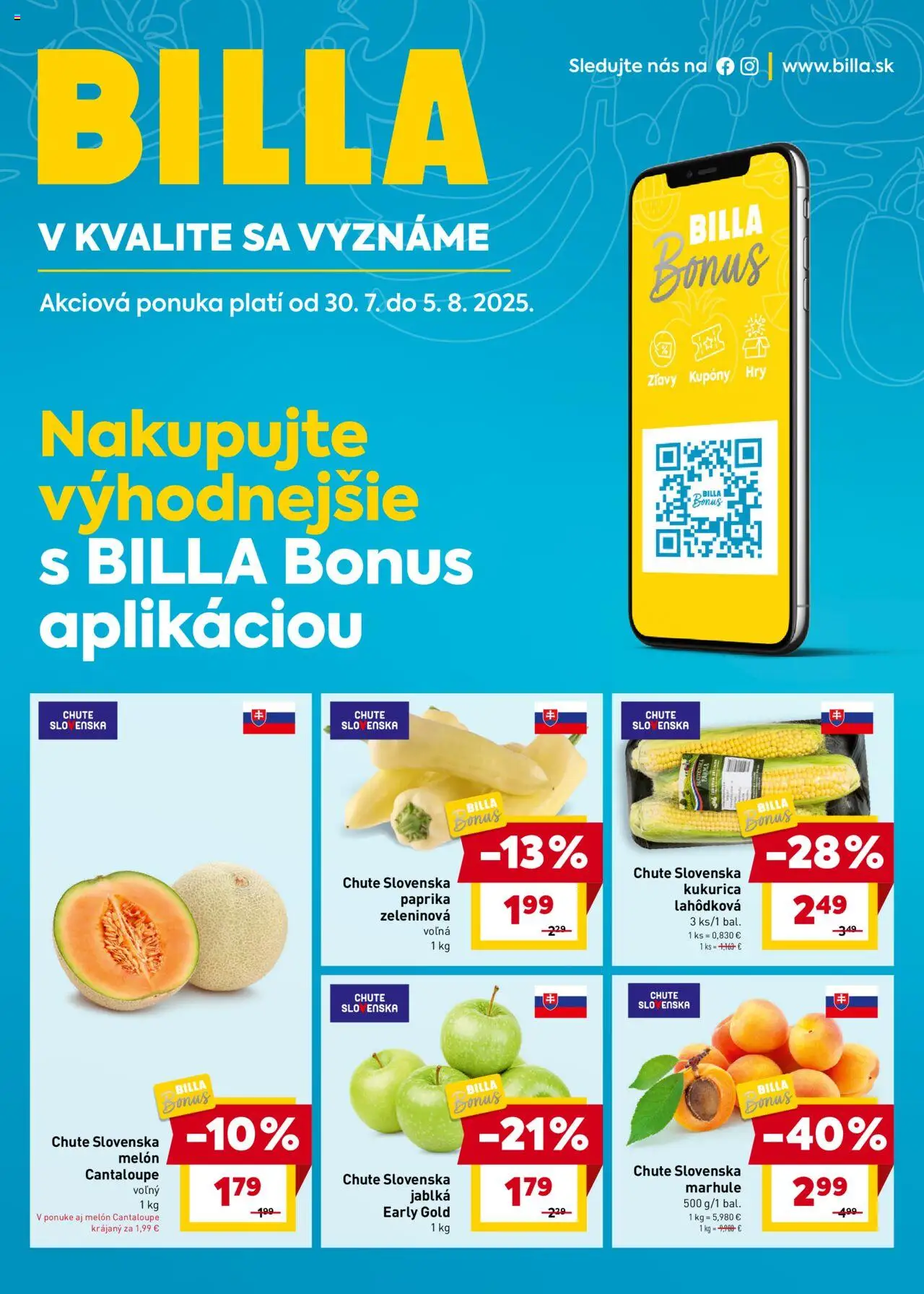 Billa Bonus │ platný od 30.07.2025 | Strana: 1 | Produkty: Jablká, Melón, Kukurica, Marhule