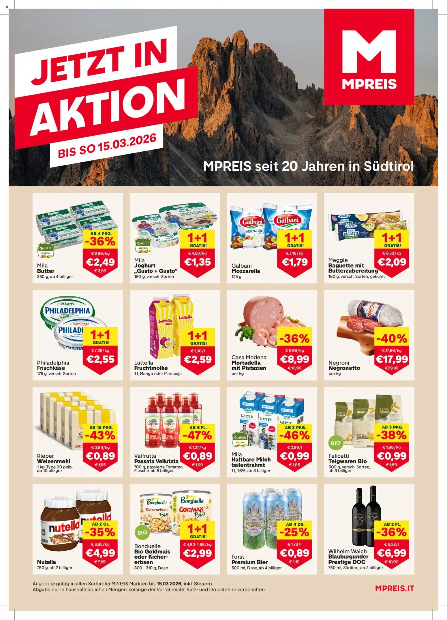 MPREIS Algund gültig ab 01.03.2026 | Seite: 1 | Produkte: Mango, Jääkaappipakastin, Butter, Bier