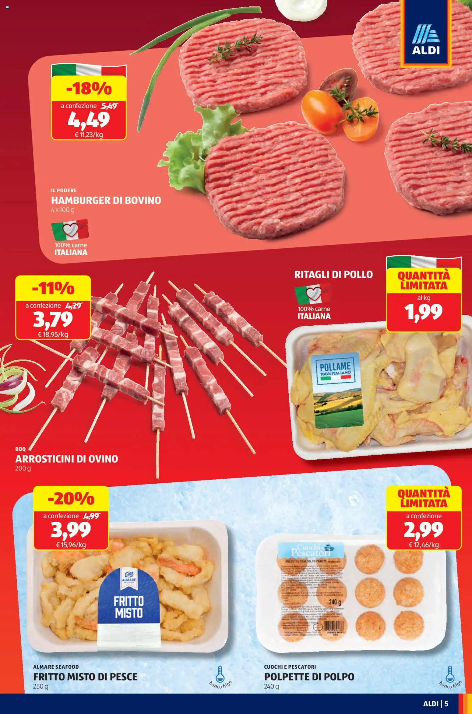 Volantino Aldi del 17.11.2025 | Pagina: 5 | Prodotti: Pollo, Tè, Hamburger, Arrosticini