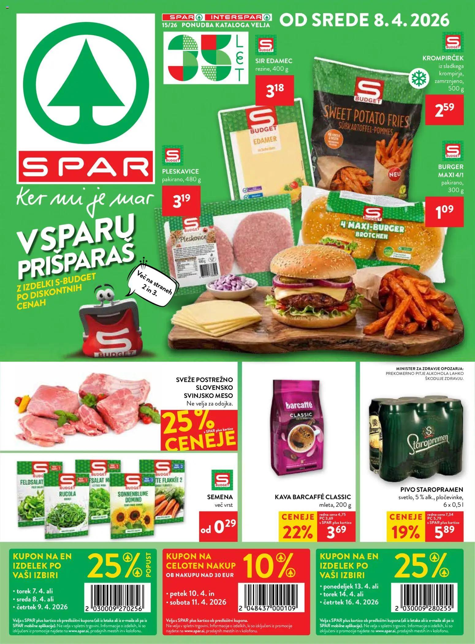 Novi Spar katalog ponudbe – veljaven od 08.04.2026 | Stran: 1 | Izdelki: Edamec, Sir, Kava, Pivo