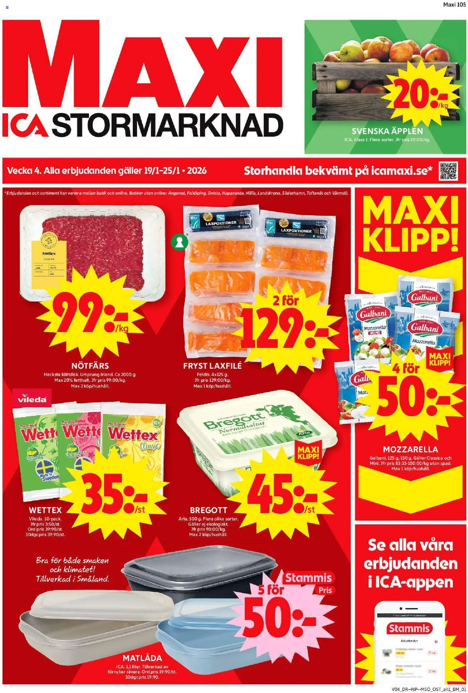 ICA Maxi reklamblad aktuell från 19.01.2026 | Sida: 1 | Produkter: Nötfärs, Galler, Ost, Matlåda