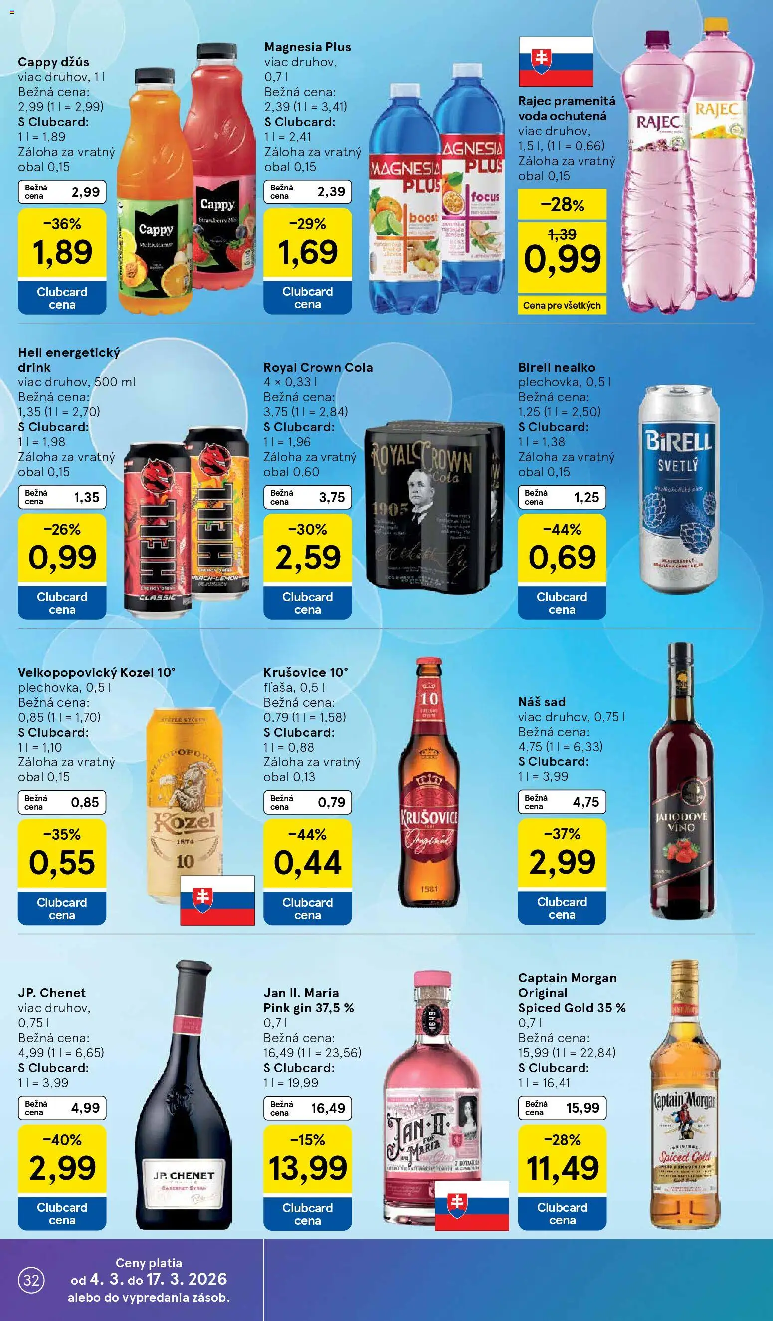 Nové Tesco akcie – leták je platný od 04.03.2026 | Strana: 32 | Produkty: Víno, Krušovice, Voda, Energetický drink