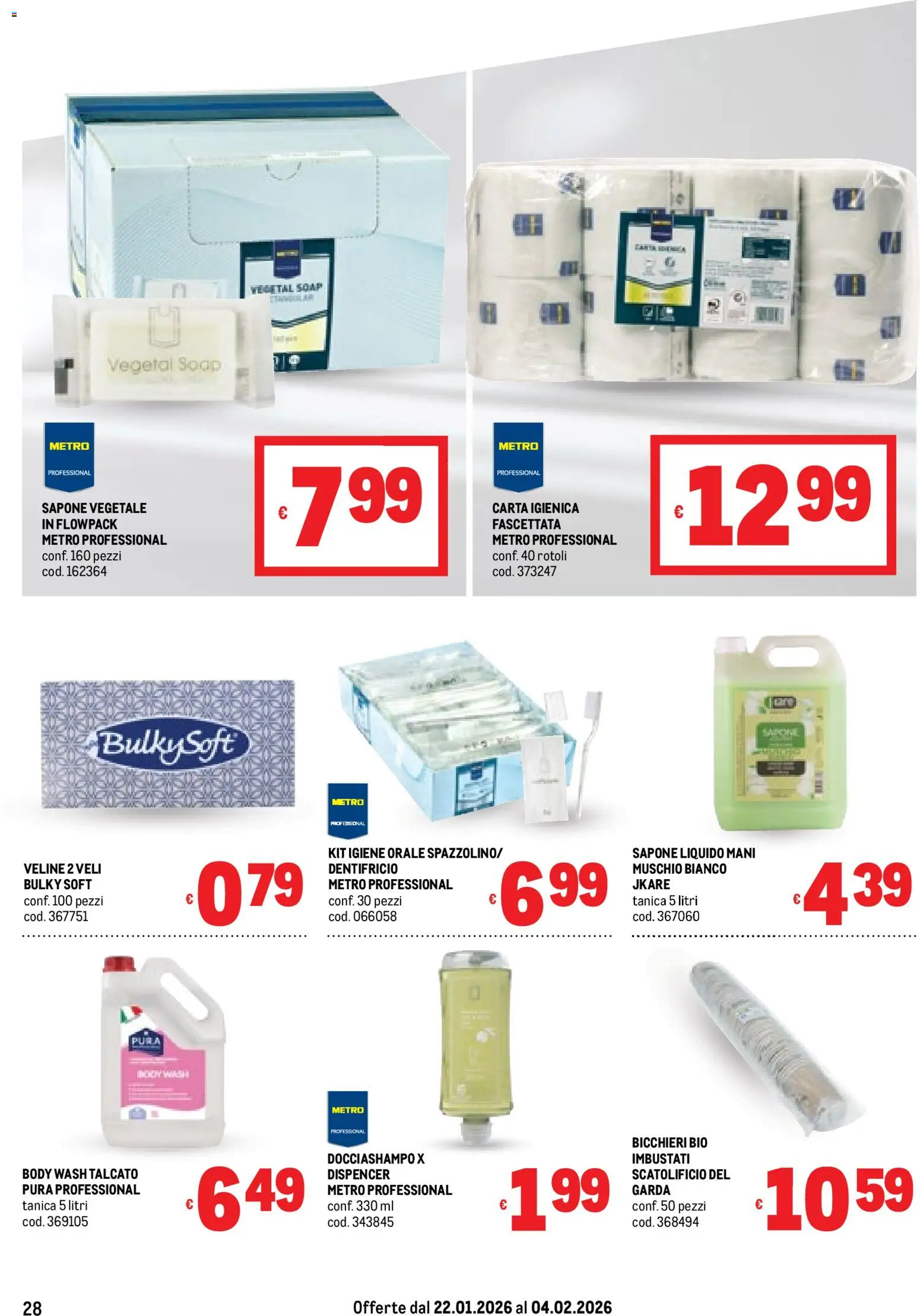 Volantino Metro del 22.01.2026 | Pagina: 28 | Prodotti: Carta igienica, Sapone, Dentifricio, Tanica