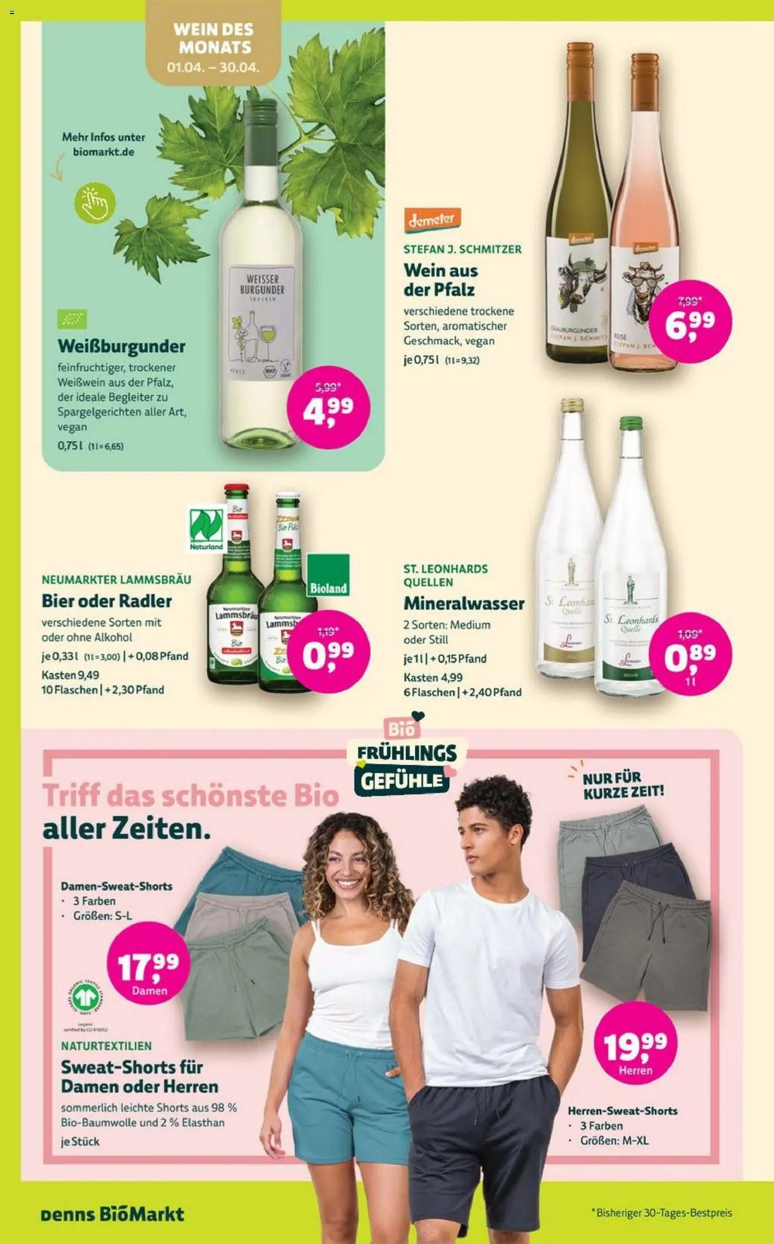 Denns BioMarkt Angebote – gültig ab 08.04.2026 | Seite: 12 | Produkte: Sweatshorts, Mineralwasser, Radler, Wein