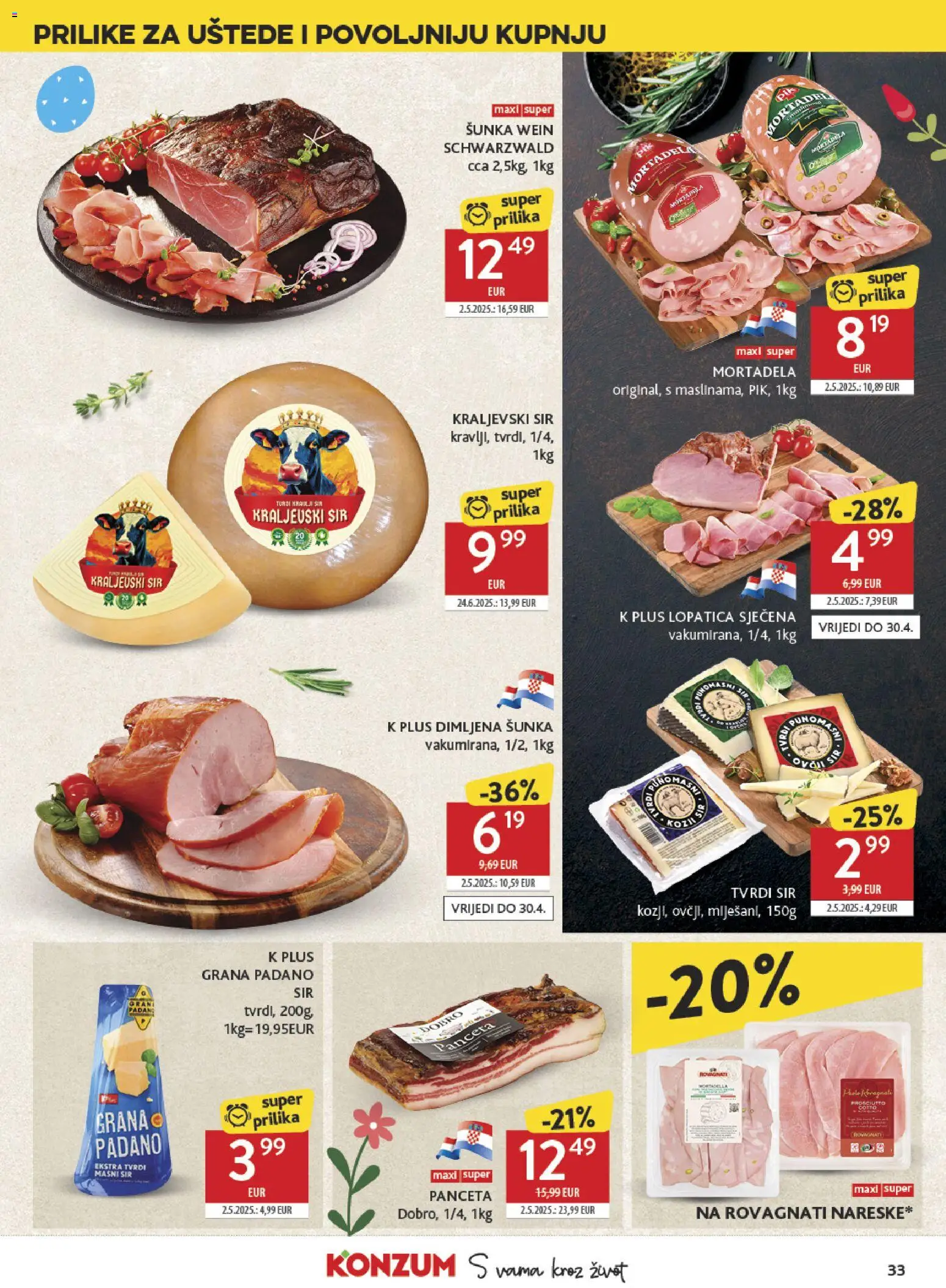 Konzum HR akciós ujság - amely érvényes a következő dátumtól: 25.03.2026 | Oldal: 33 | Termékek: Grana padano, Mortadella
