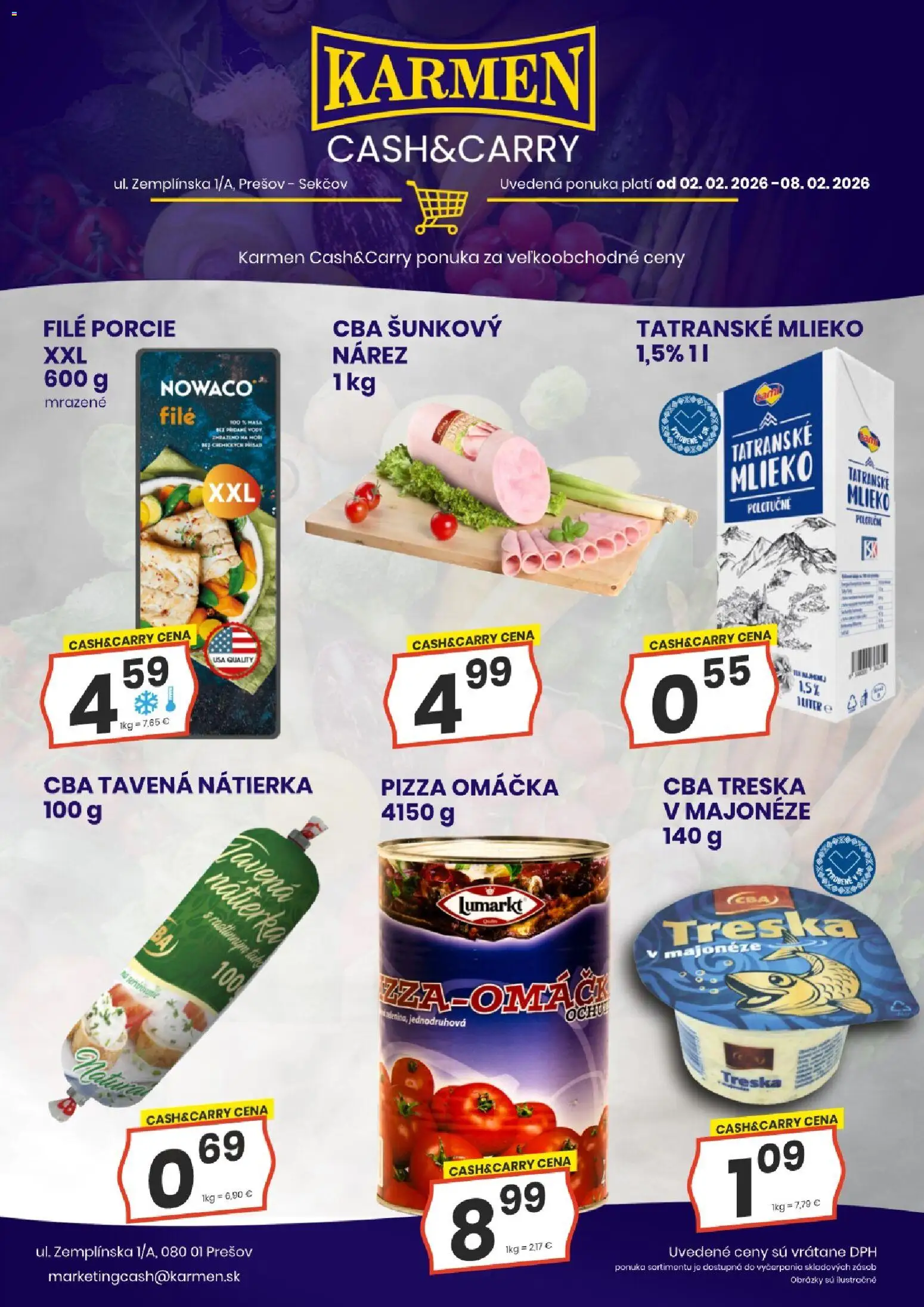 Nové KARMEN CBA akcie – leták je platný od 02.02.2026 | Strana: 2 | Produkty: Mlieko, Pizza, Omáčka, Treska