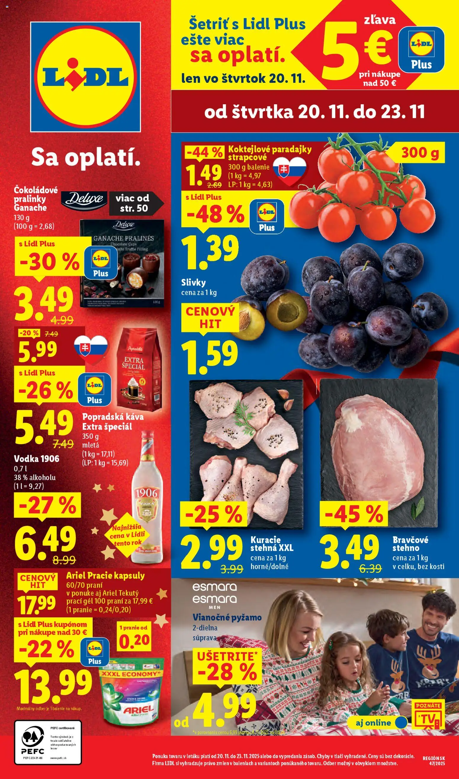 Nové Lidl akcie – leták je platný od 20.11.2025 | Strana: 1 | Produkty: Paradajky, Bravčové stehno, Pyžamo, Ariel