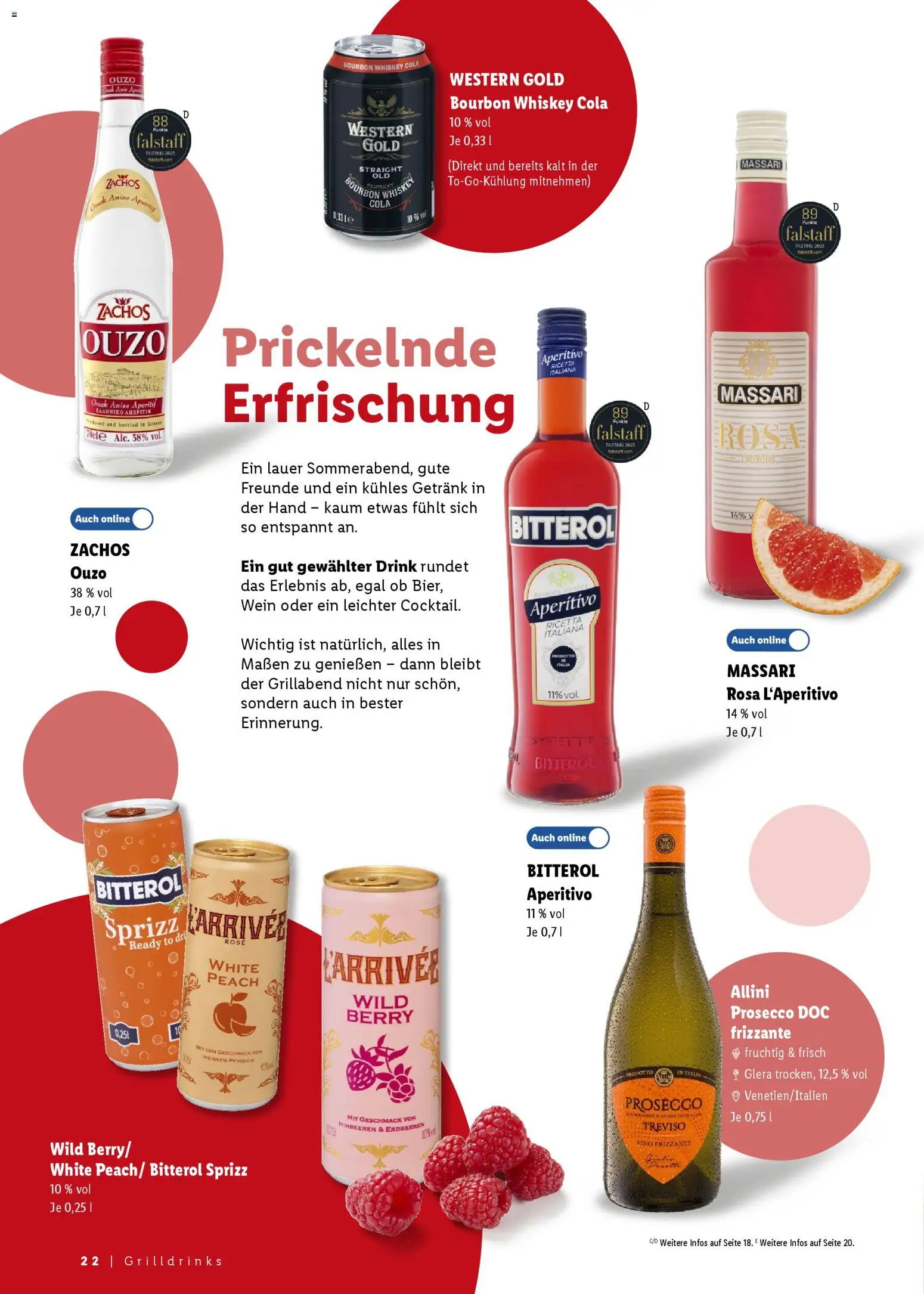Lidl Prospekt – gültig ab 25.04.2026 | Seite: 22 | Produkte: Himbeeren, Prosecco, Pfirsich, Whiskey