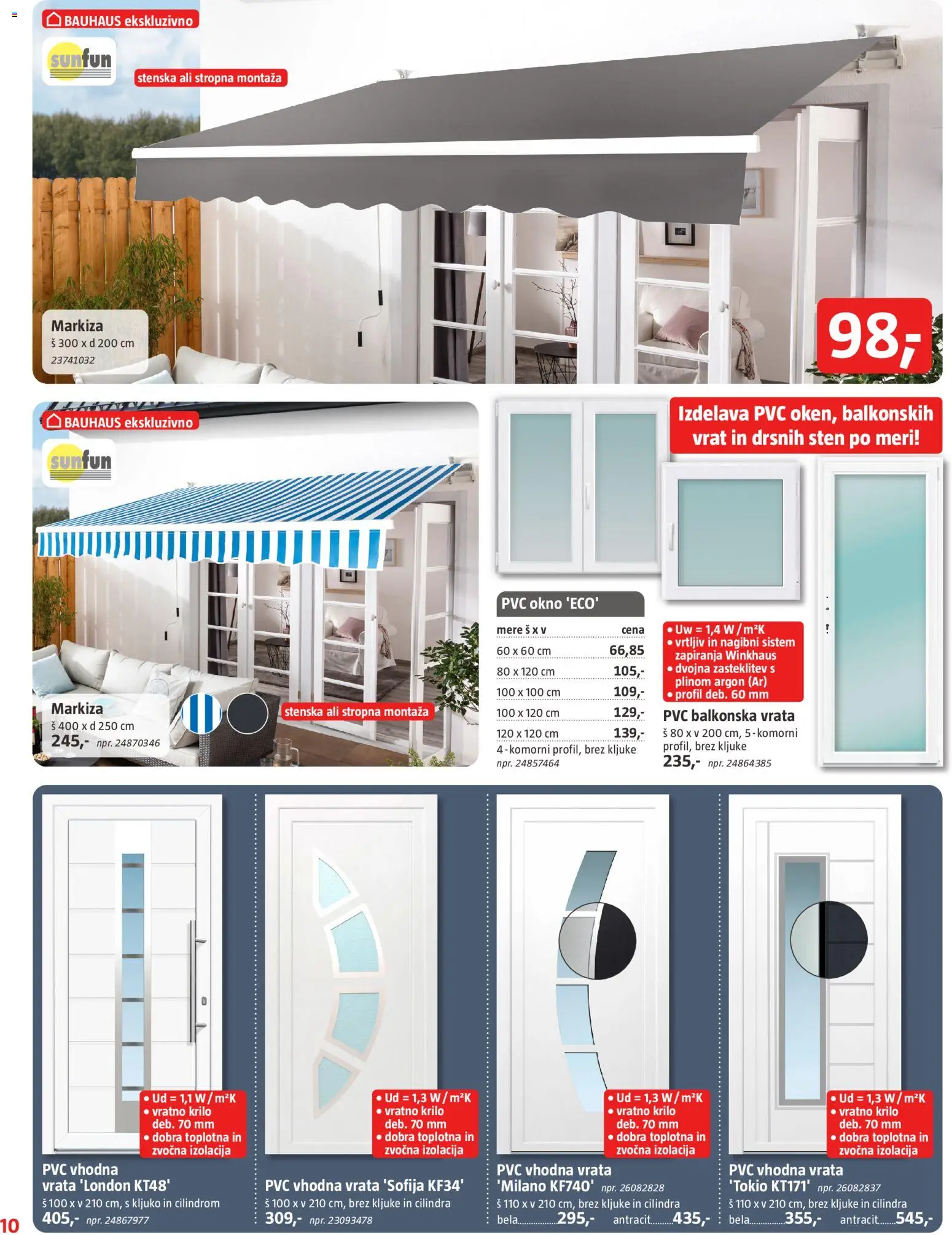 Novi Bauhaus katalog ponudbe – veljaven od 05.03.2026 | Stran: 10 | Izdelki: Markiza, Vratno krilo, Okno, Vrata