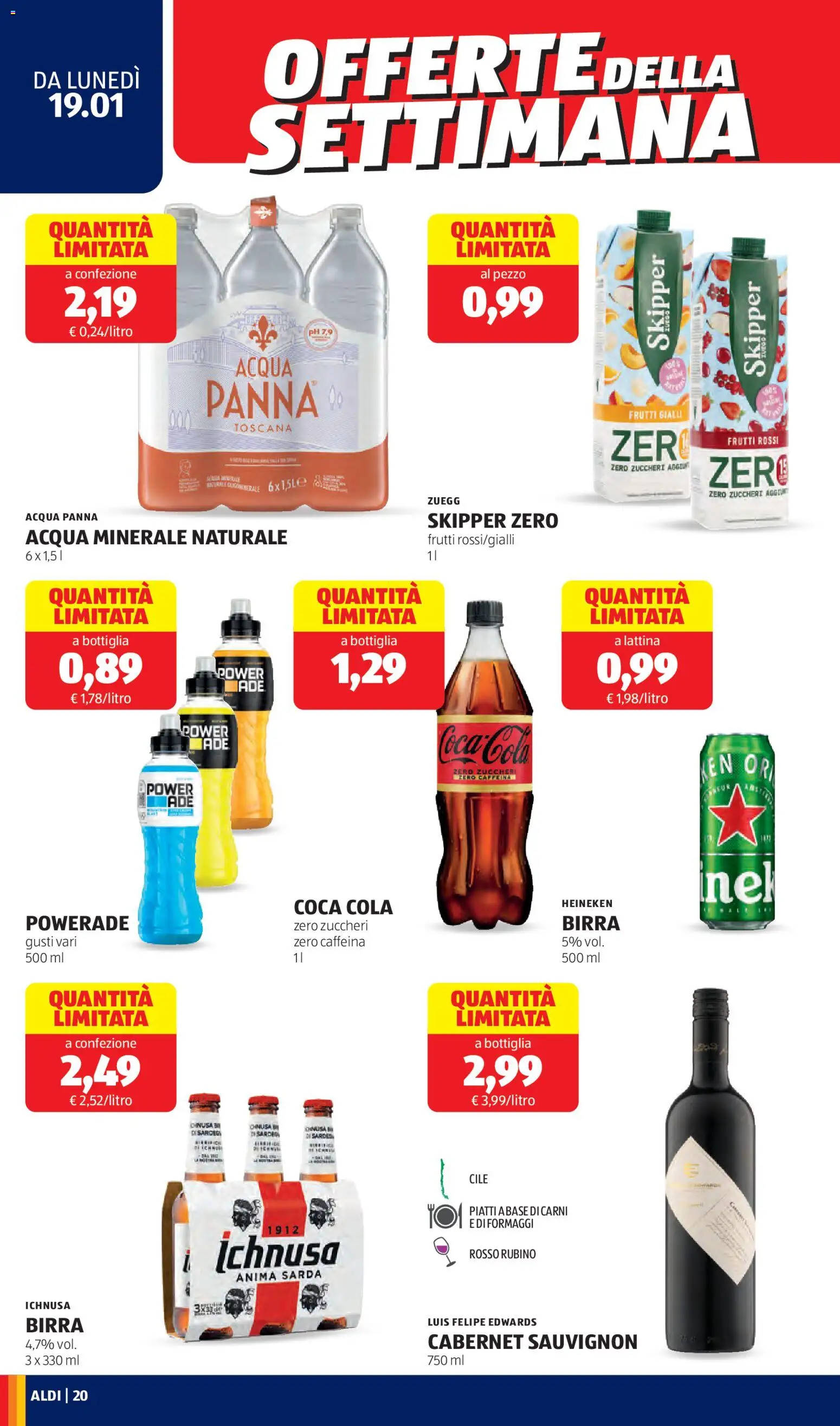 Volantino Aldi del 19.01.2026 | Pagina: 20 | Prodotti: Acqua Panna, Acqua, Acqua minerale, Coca Cola Zero