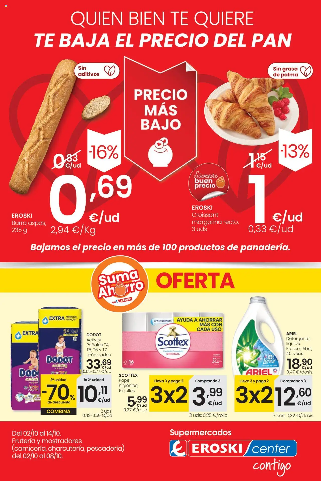 Eroski - Precio más bajo Center │ válido desde el 02.10.2025 | Página: 1 | Productos: Detergente, Pan, Croissant, Margarina