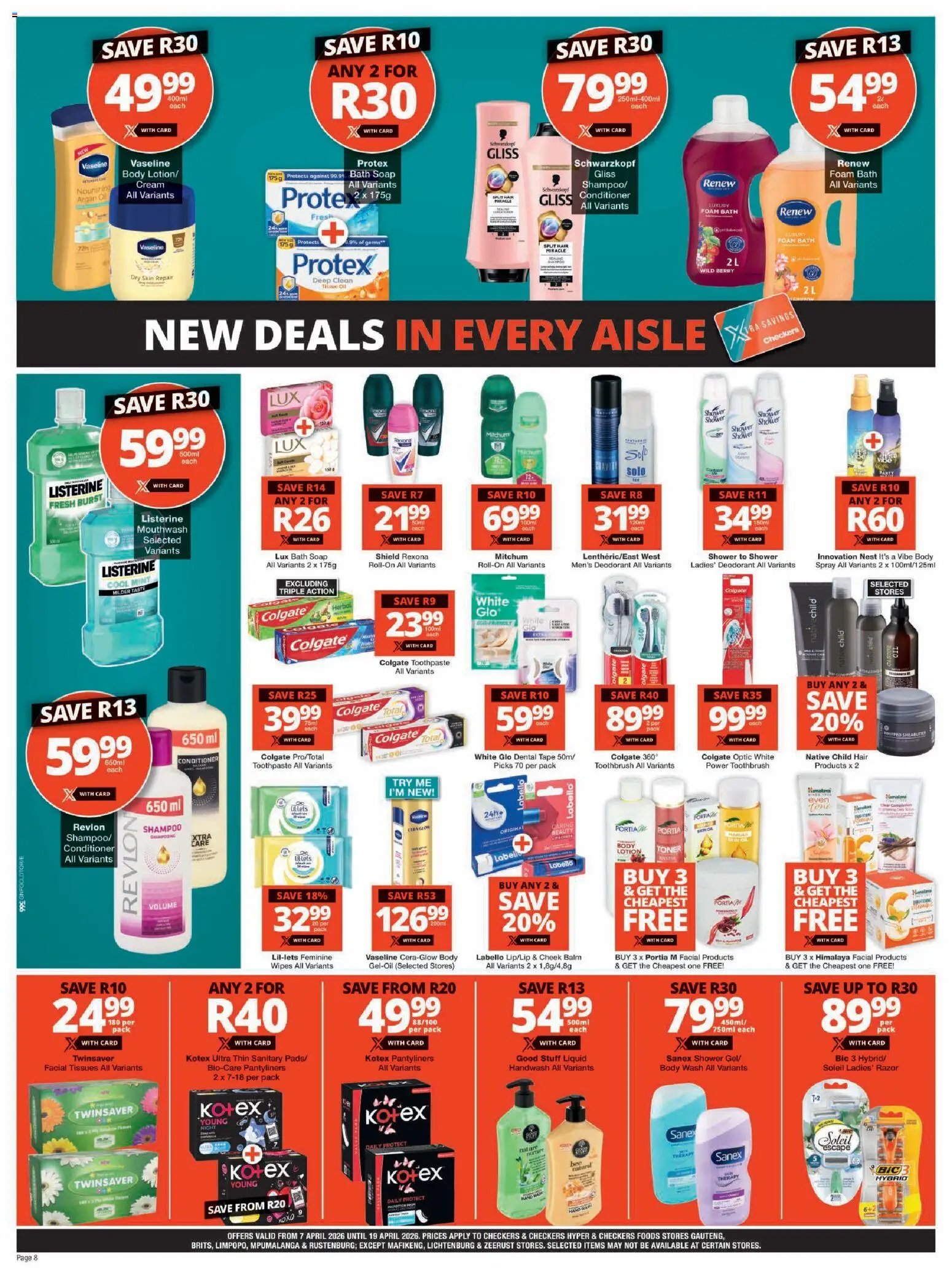 New Checkers catalogue – valid from 07.04.2026 | Page: 8 | Products: Toner, Bath, Toothpaste, Tape