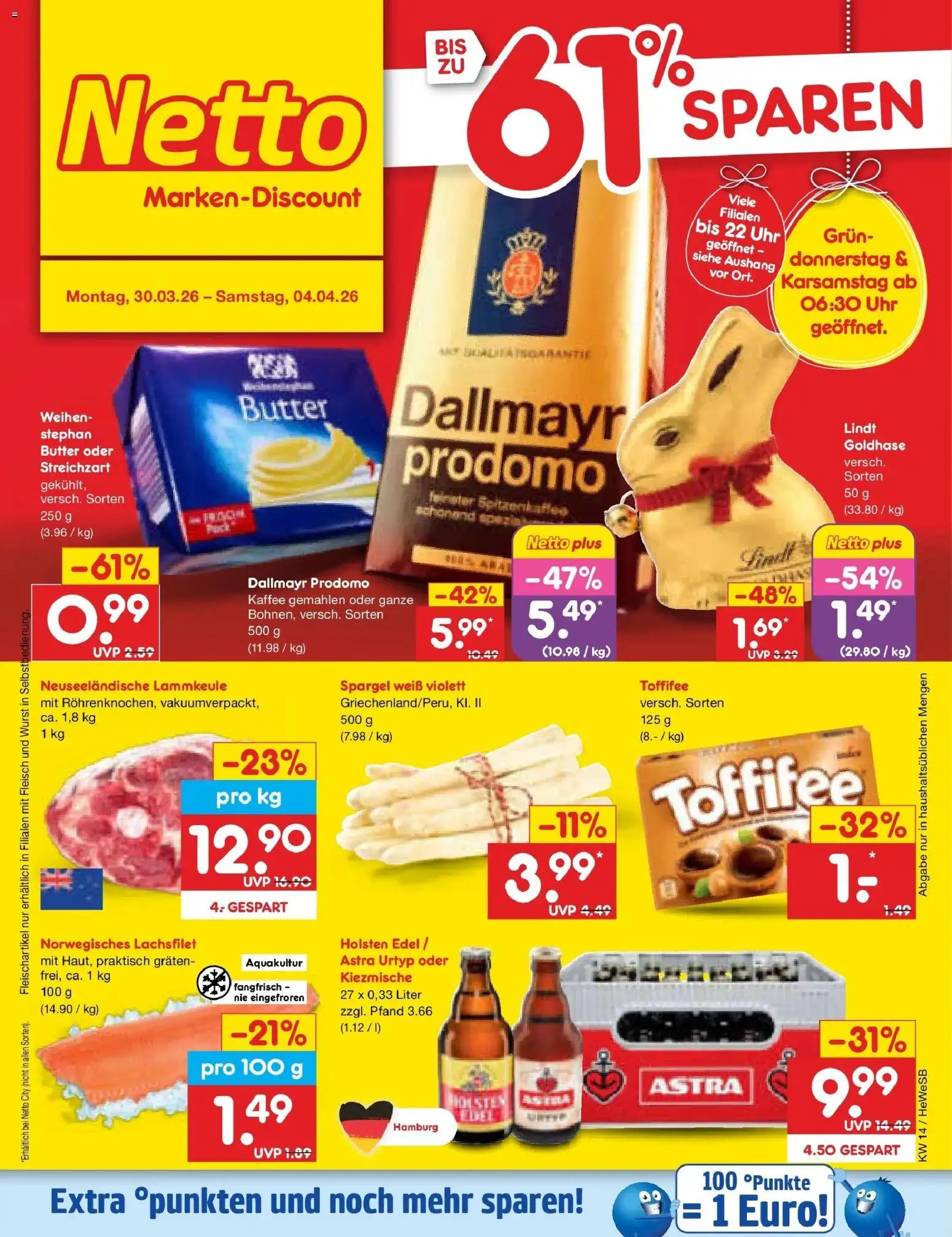 Netto Marken-Discount Prospekt Hamburg	 – gültig ab 30.03.2026 | Seite: 1 | Produkte: Holsten, Dallmayr, Lindt, Dallmayr prodomo