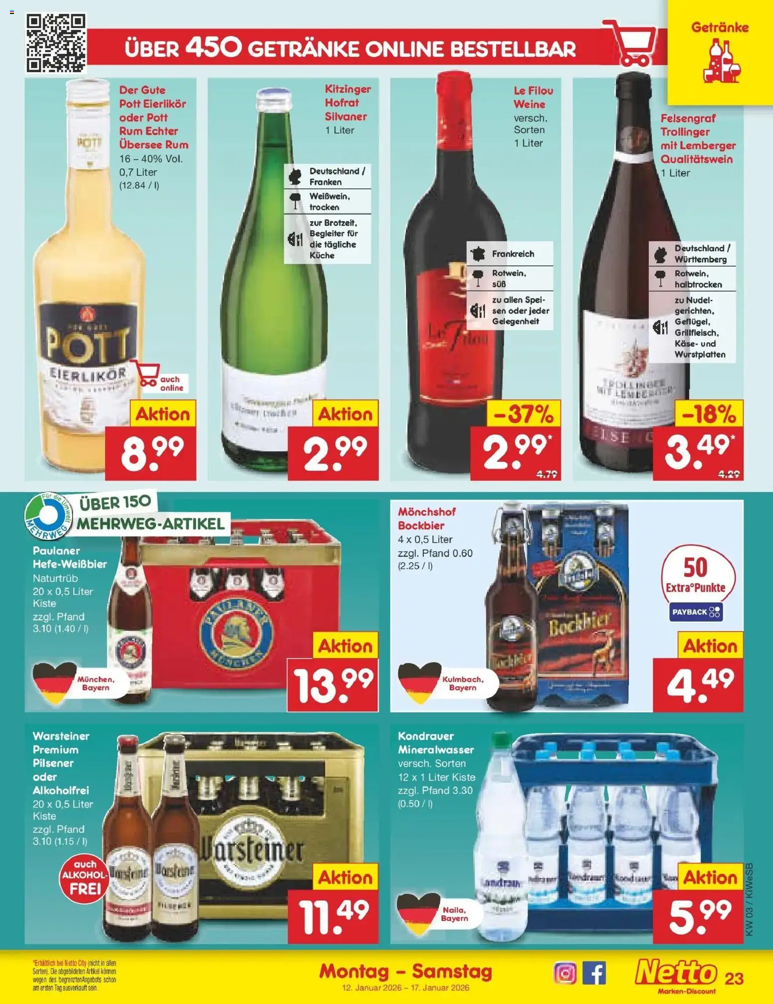 Netto Marken-Discount prospekt Bad Friedrichshall	 – gültig ab 12.01.2026 | Seite: 23 | Produkte: Käse, Rum, Mineralwasser, Paulaner