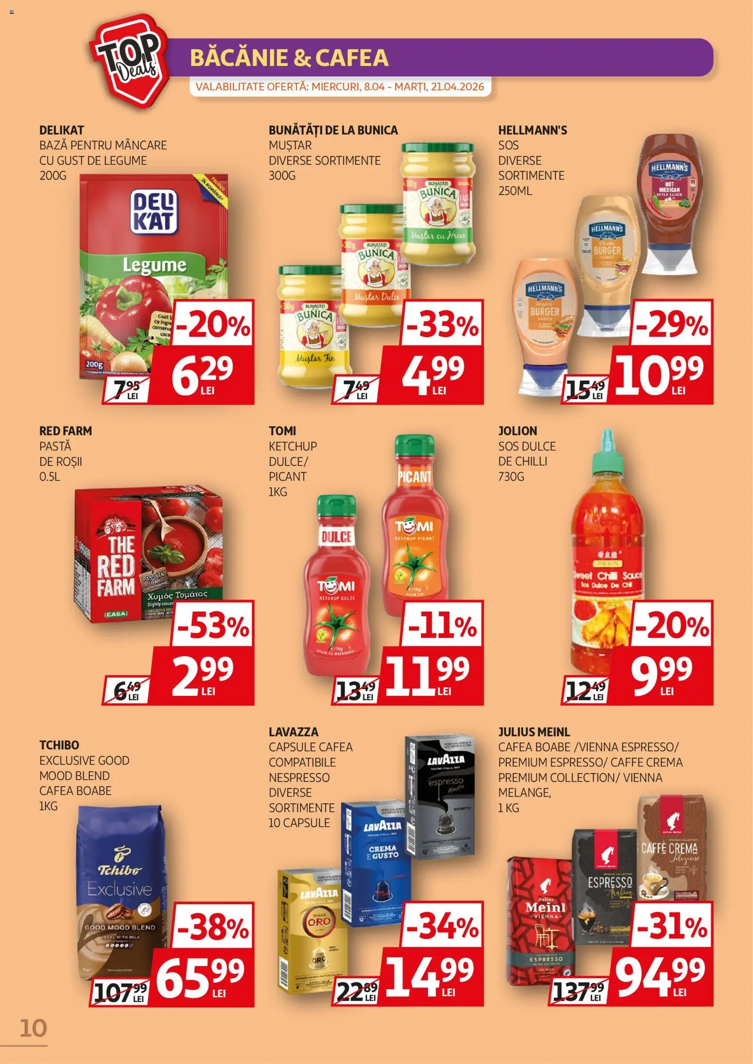 Noul catalog Auchan – valabil de la 08.04.2026 | Pagină: 10 | Produse: Cafea, Muștar, Burger, Sos
