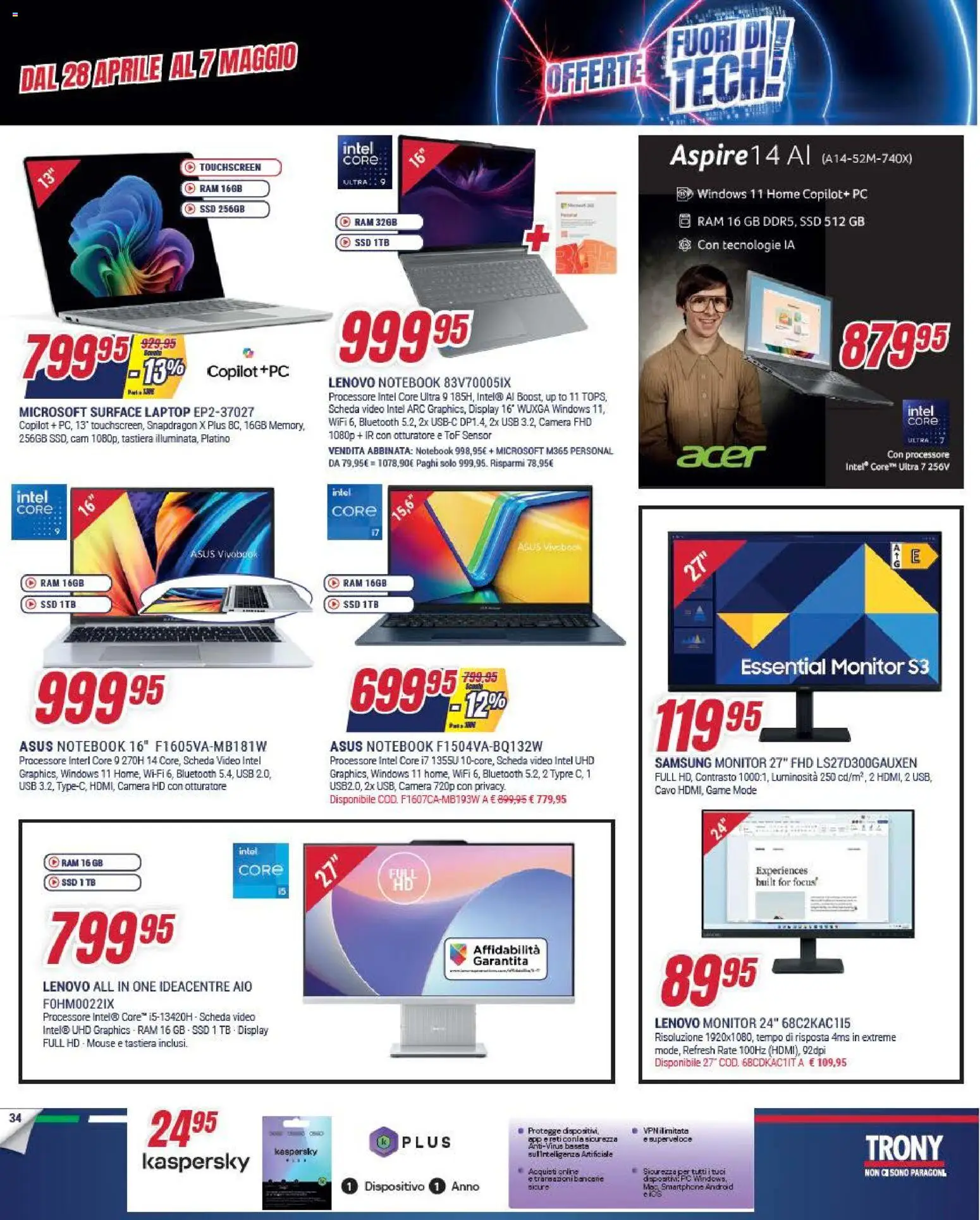 Volantino Trony del 28.04.2026 | Pagina: 34 | Prodotti: Smartphone, Laptop, Tastiera, USB