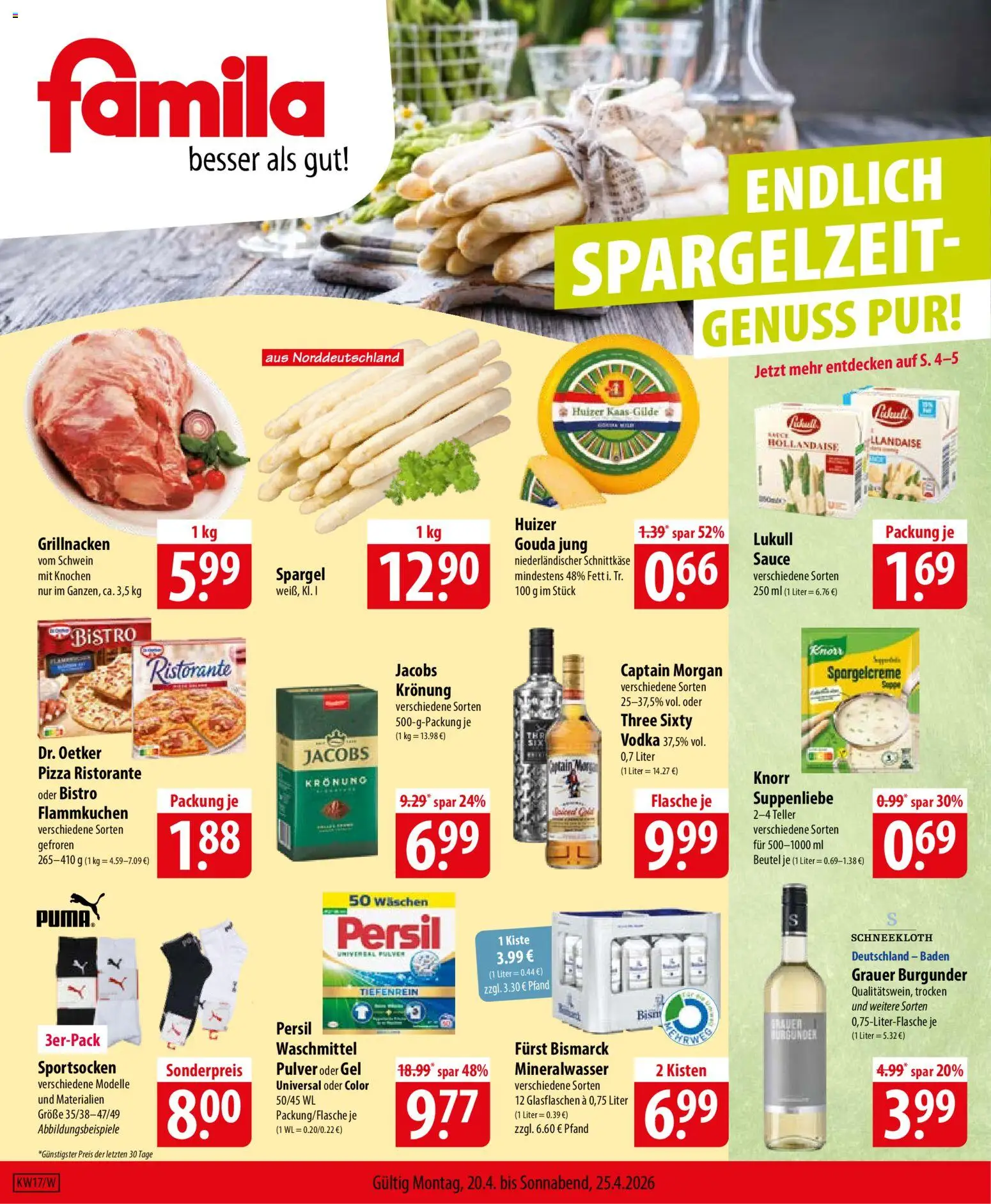 Famila Prospekt 	 – gültig ab 20.04.2026 | Seite: 1 | Produkte: Ristorante, Gouda, Mineralwasser, Captain morgan