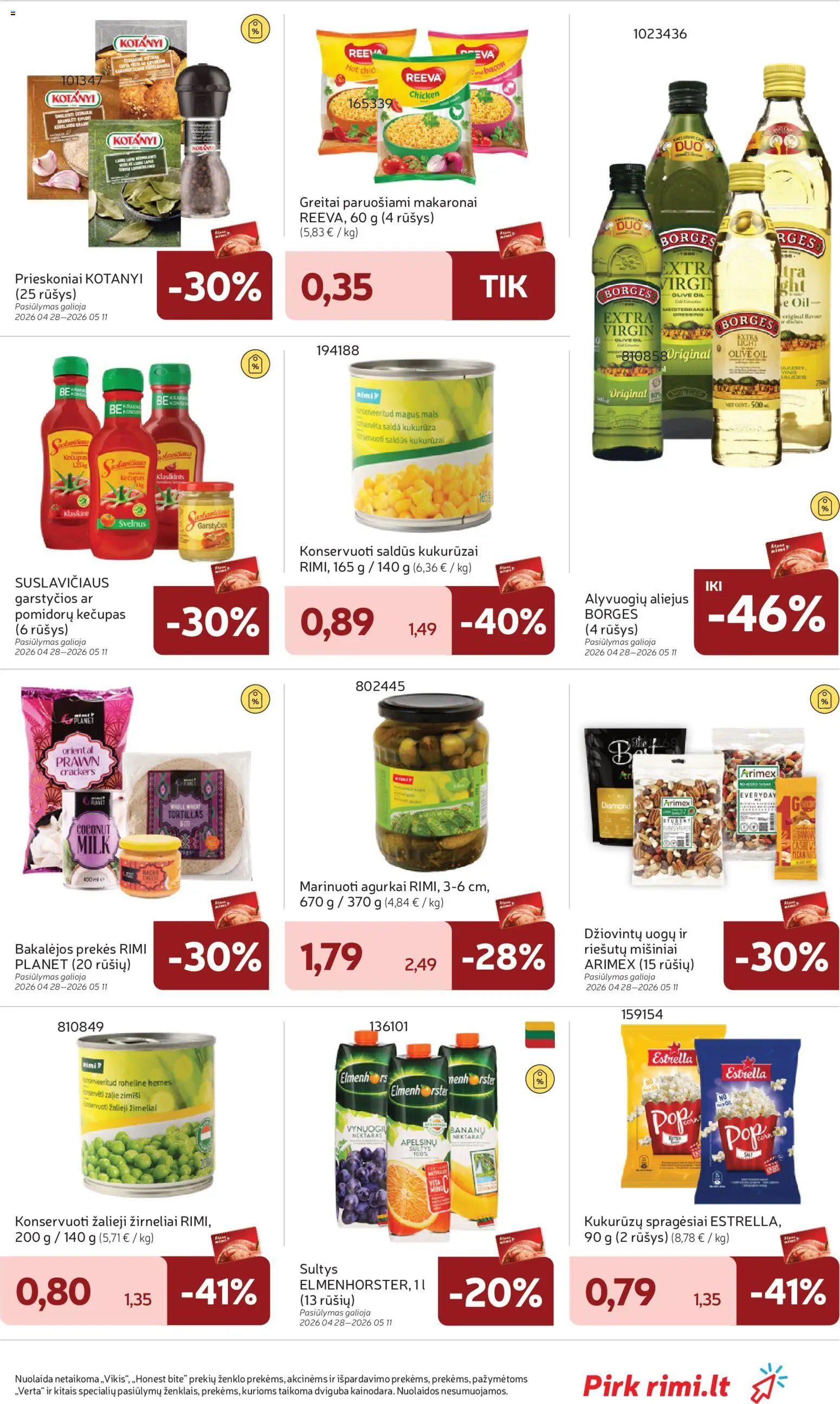 Rimi akcijos nuo 28.04.2026 | Puslapis: 29 | Prekių: Agurkai, Sultys, Greitai paruošiami makaronai, Žirneliai