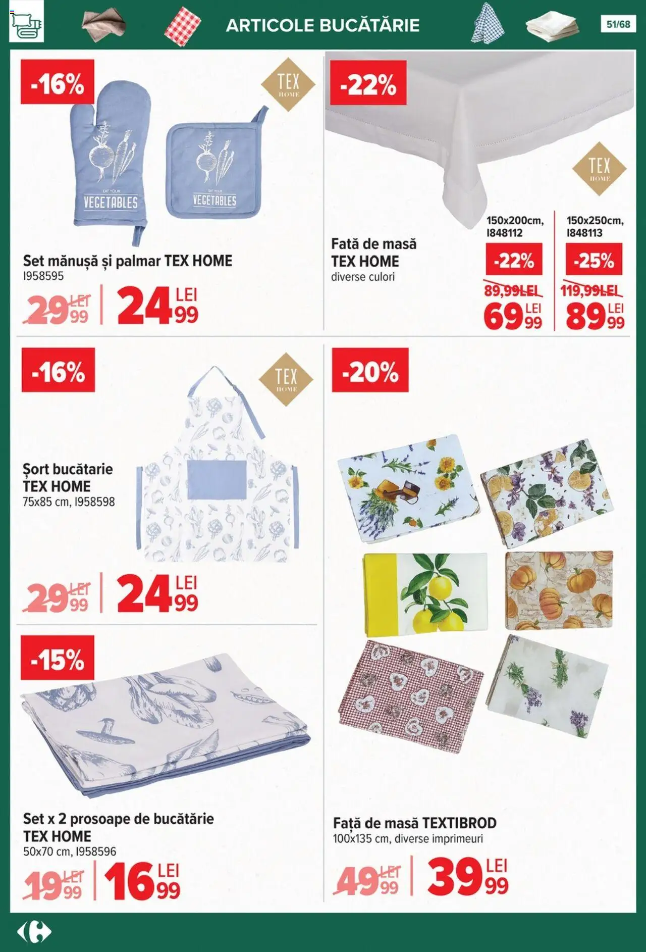 Noul catalog Carrefour – valabil de la 24.09.2025 | Pagină: 51 | Produse: Șort, Față de masă, Prosoape de bucătărie, Masă