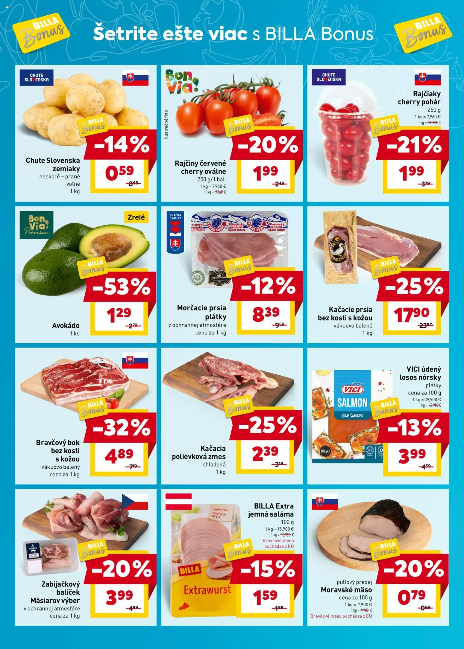 Nové Billa akcie – leták je platný od 30.03.2026 | Strana: 2 | Produkty: Saláma, Losos, Bravčové mäso, Zemiaky