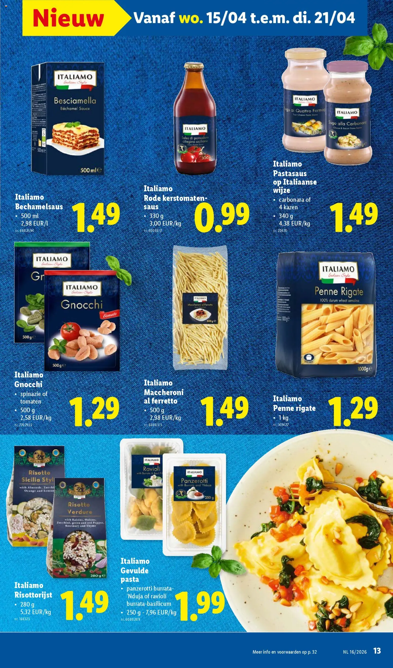 {H1} | Pagina: 13 | Producten: Tomaten, Pasta, Saus, Spinazie