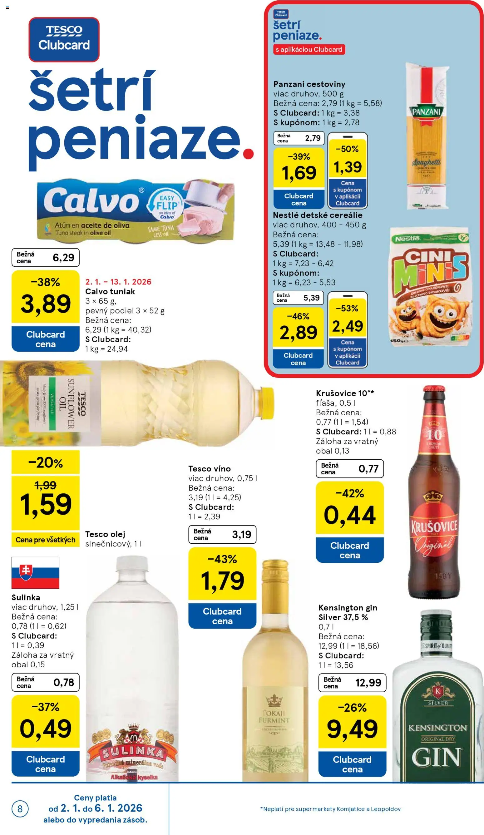 Nové Tesco akcie – leták je platný od 02.01.2026 | Strana: 8 | Produkty: Cestoviny, Krušovice, Cereálie, Sulinka